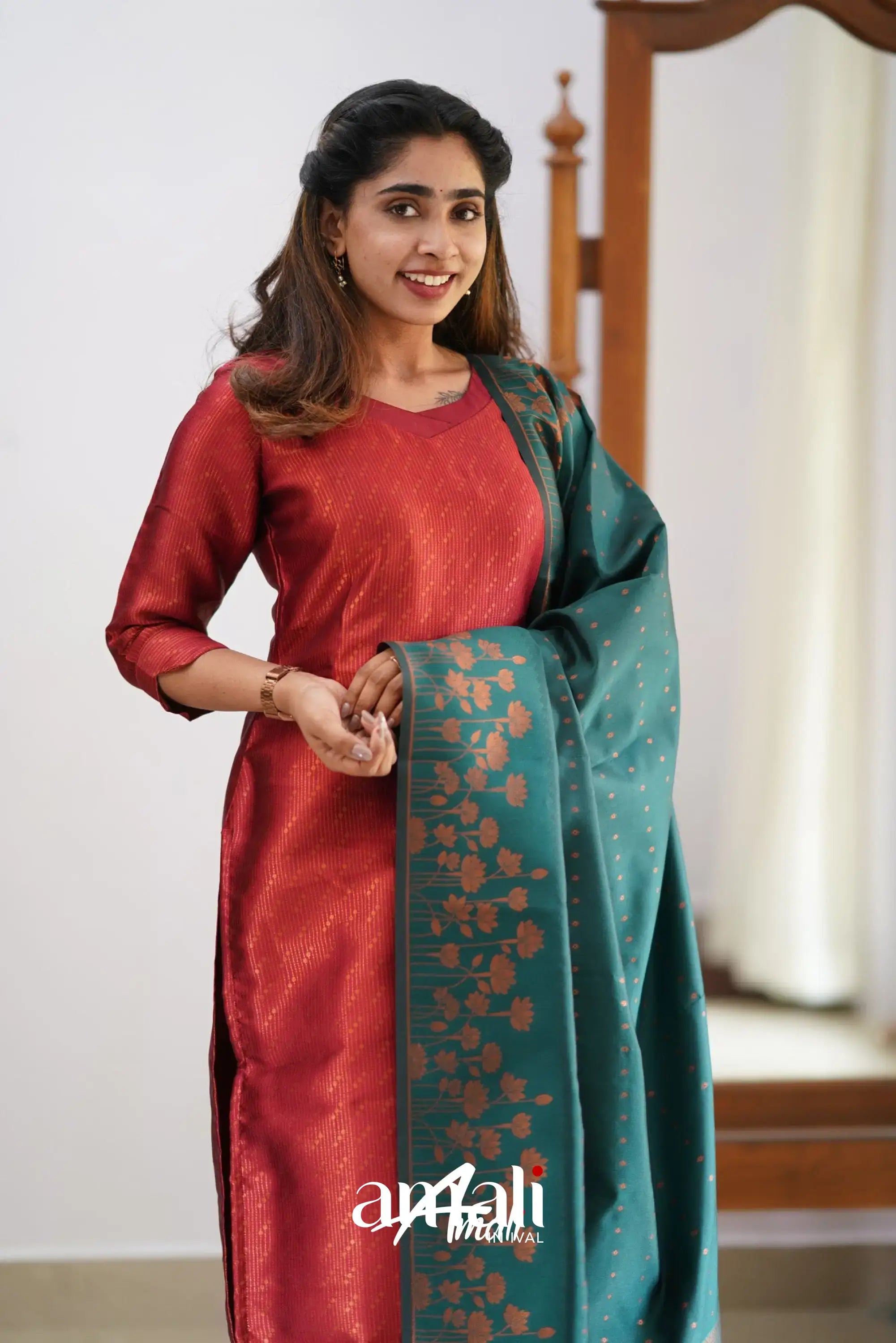Sanvi - Maroonish Red And Dark Teal Semi Kanchipuram Silk Salwar Salwar