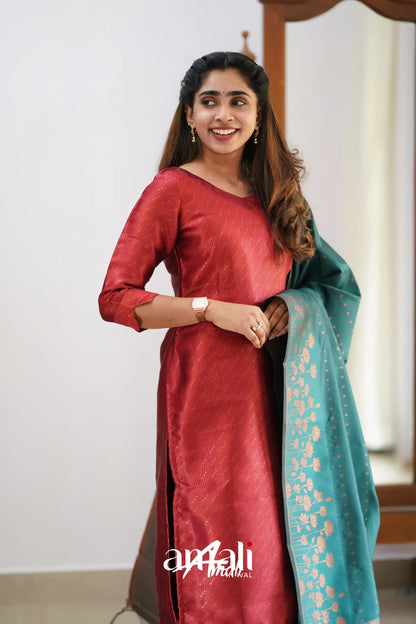 Sanvi - Maroonish Red And Dark Teal Semi Kanchipuram Silk Salwar Salwar