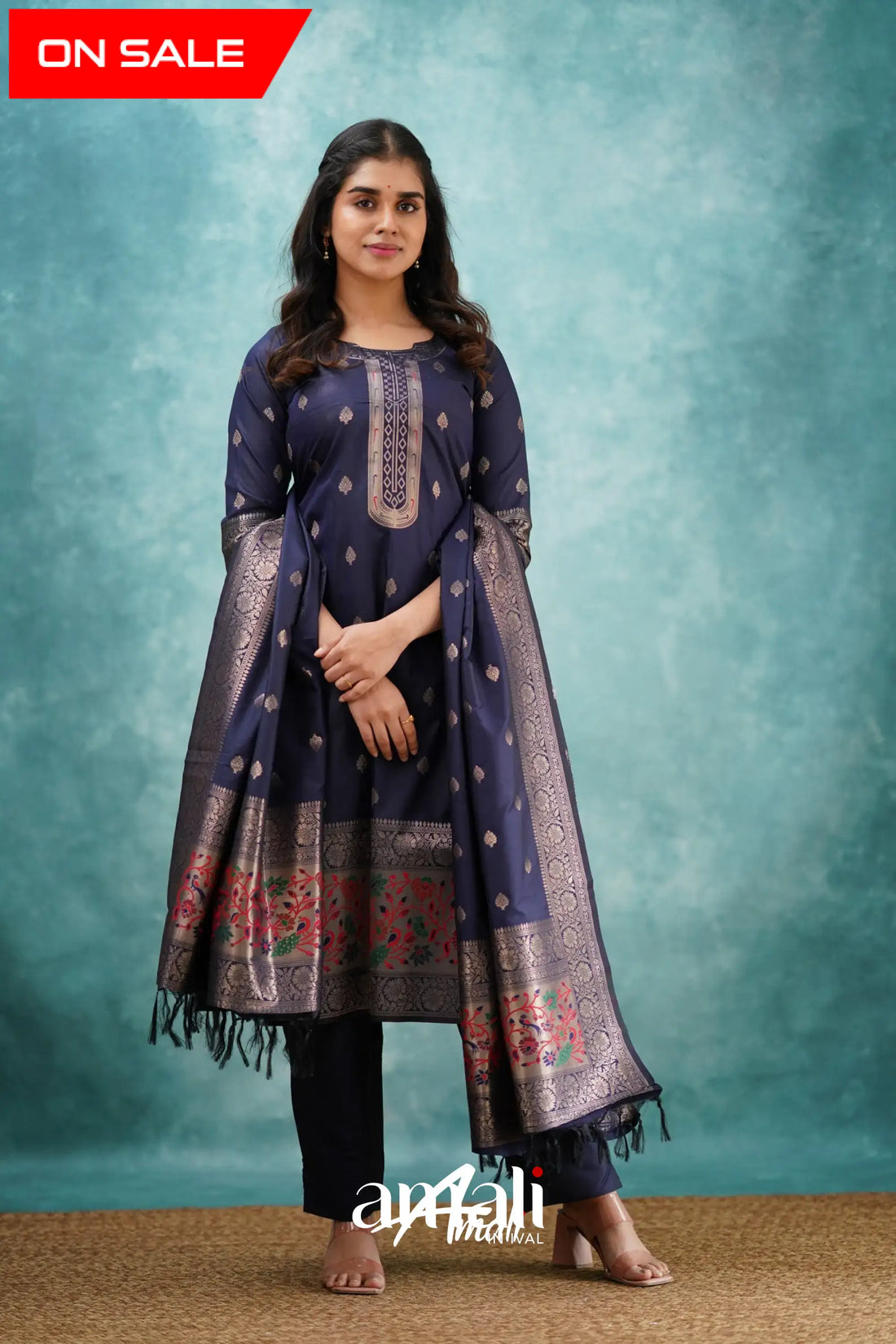 Sanvi - Navy Blue Blended Paithani Silk Salwar Salwar