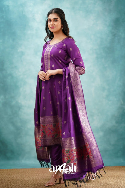 Sanvi - Purple Blended Paithani Silk Salwar Salwar