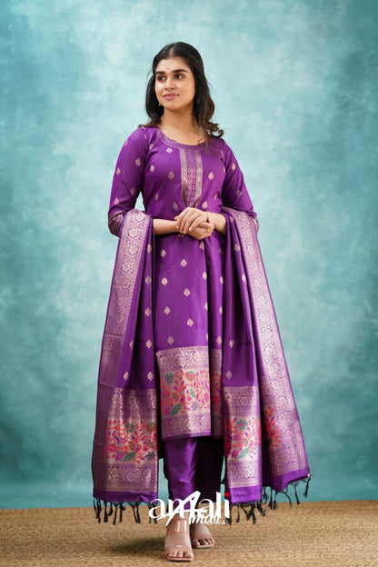 Sanvi - Purple Blended Paithani Silk Salwar Salwar