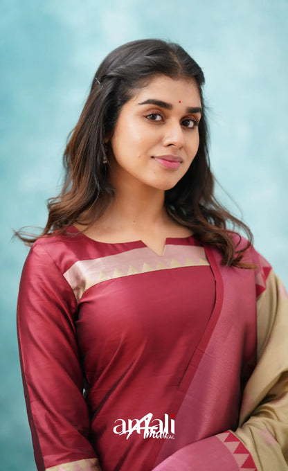 Sanvi - Reddish Maroon And Beige Semi Kanchipuram Silk Salwar Salwar