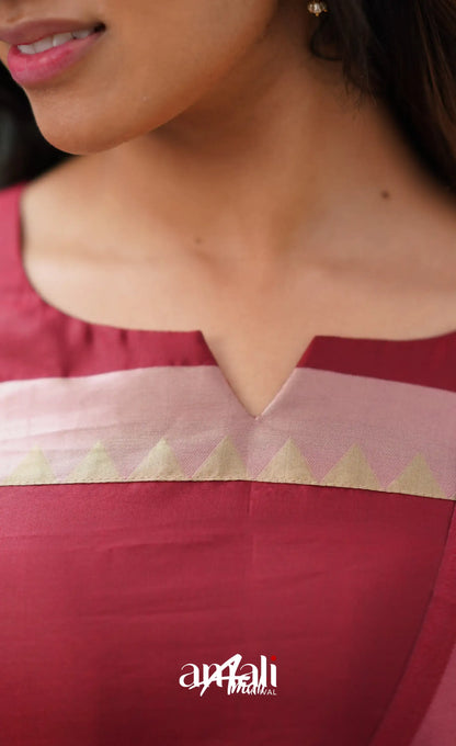 Sanvi - Reddish Maroon And Beige Semi Kanchipuram Silk Salwar Salwar