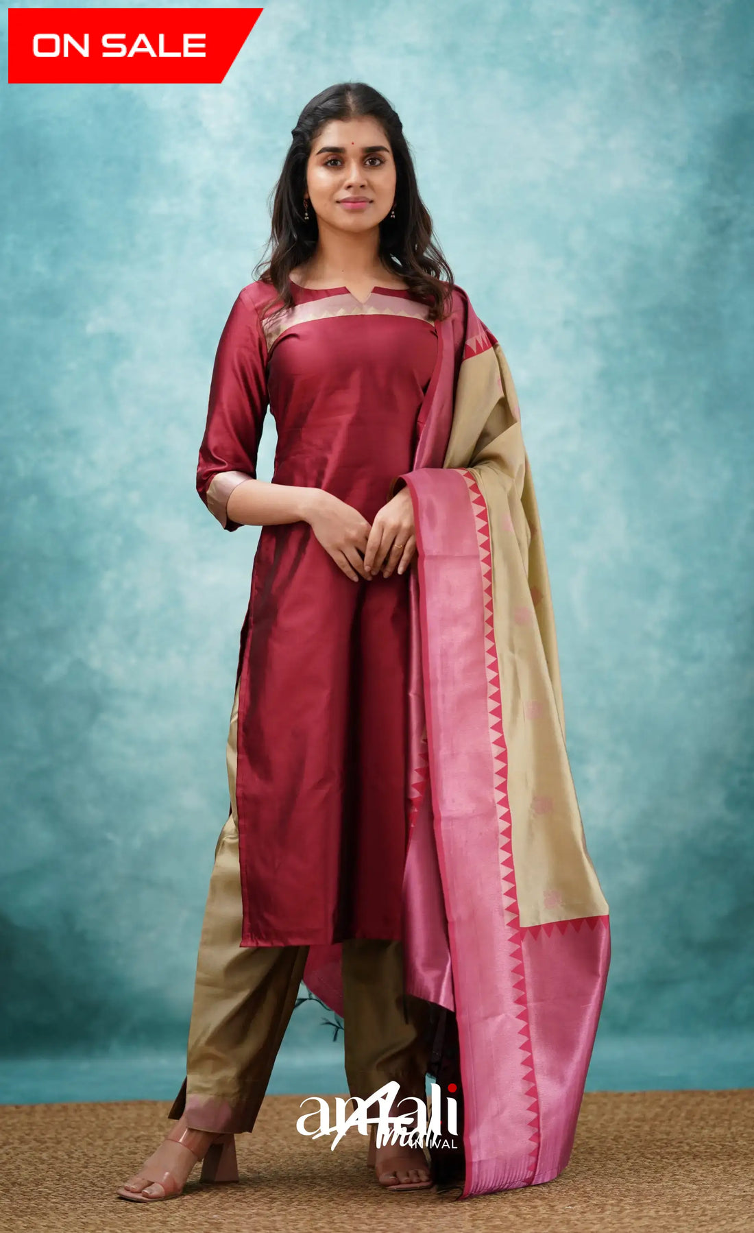 Sanvi - Reddish Maroon And Beige Semi Kanchipuram Silk Salwar Salwar