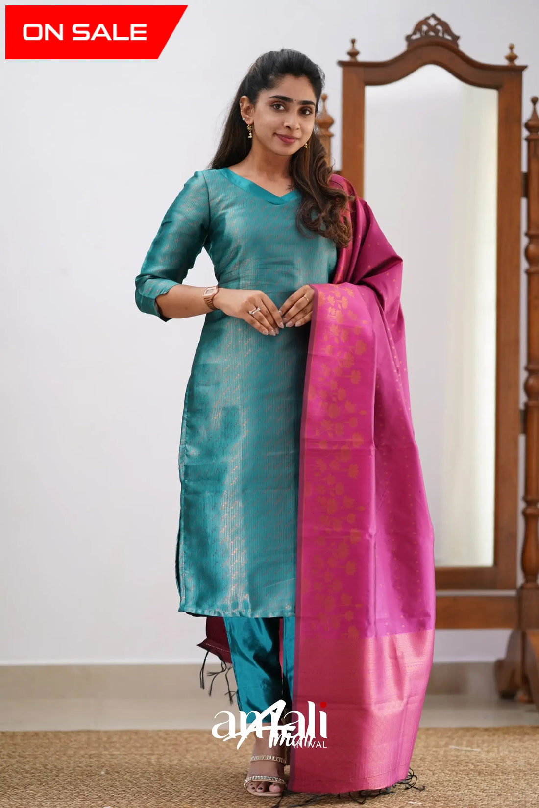 Sanvi - Teal And Pink Semi Kanchipuram Silk Salwar Salwar