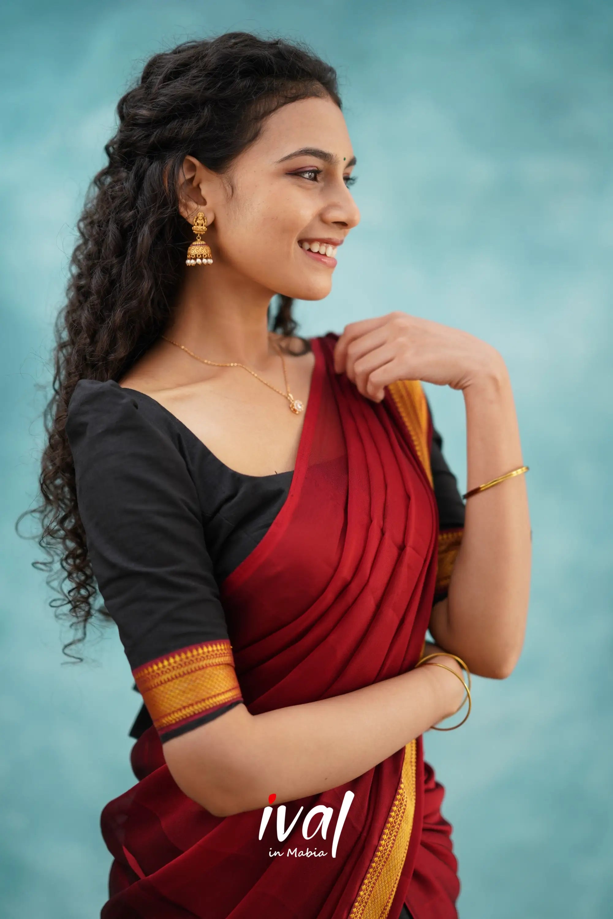 Savarna - Black And Maroon Cotton Halfsaree Half Sarees