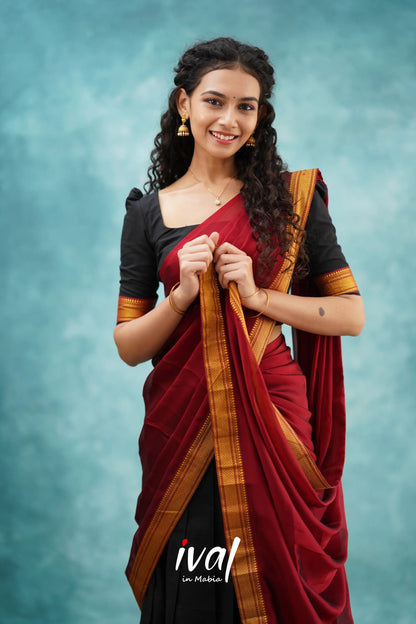 Savarna - Black And Maroon Cotton Halfsaree Half Sarees