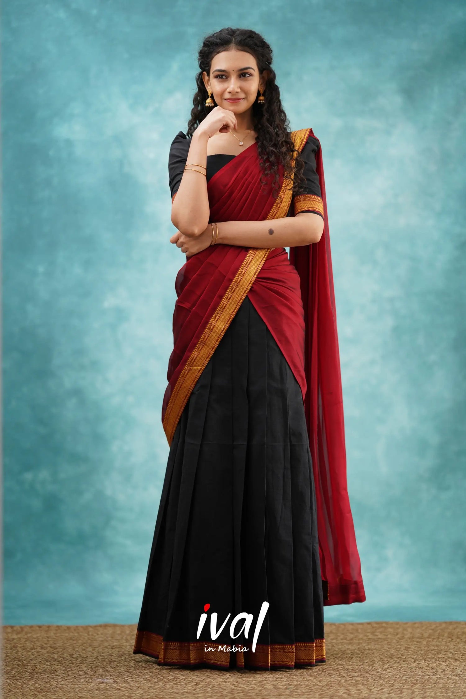 Savarna - Black And Maroon Cotton Halfsaree Half Sarees