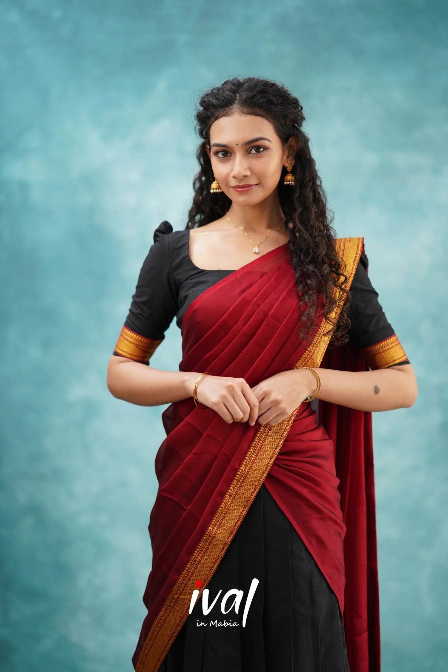 Savarna - Black And Maroon Cotton Halfsaree Half Sarees