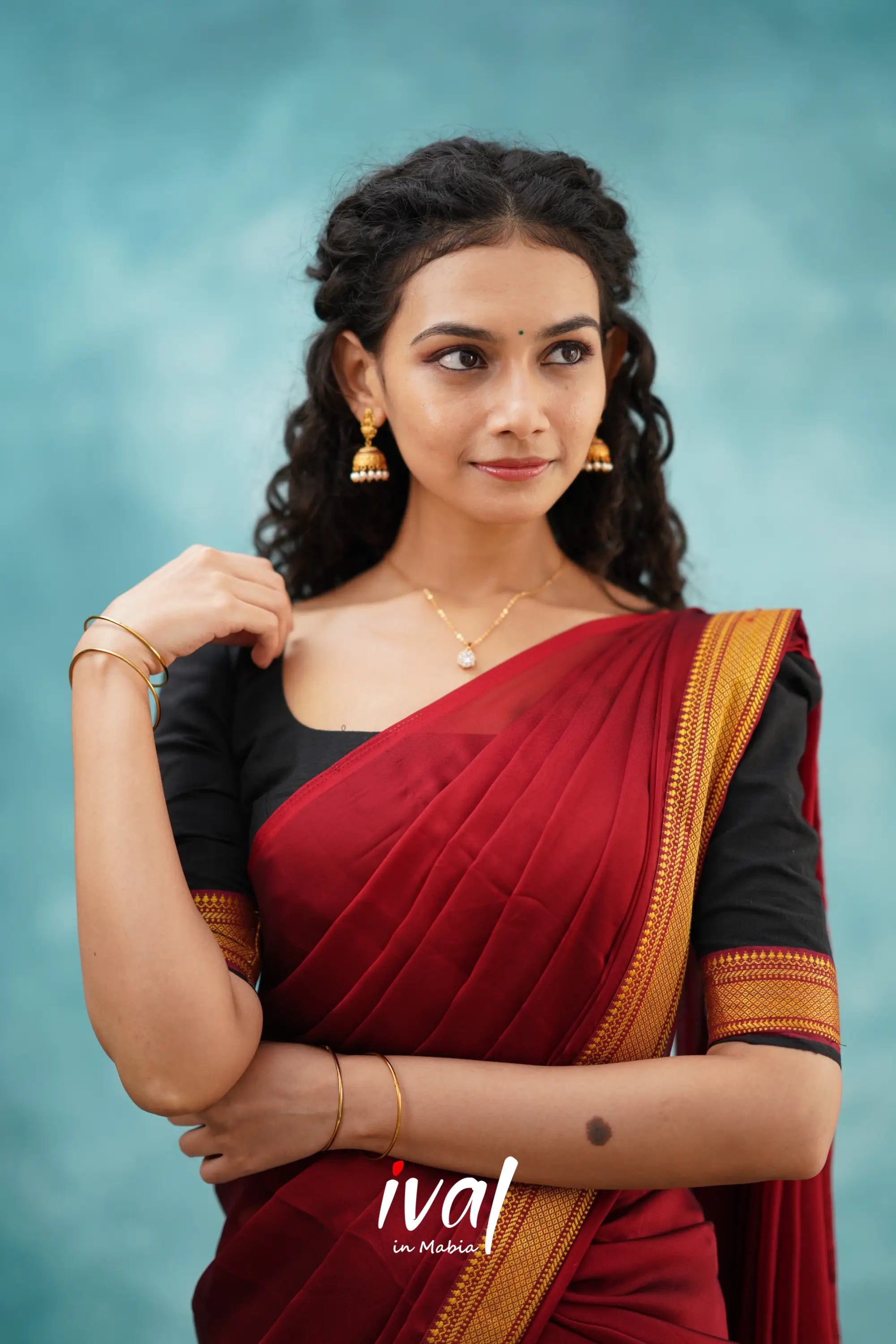 Savarna - Black And Maroon Cotton Halfsaree Half Sarees