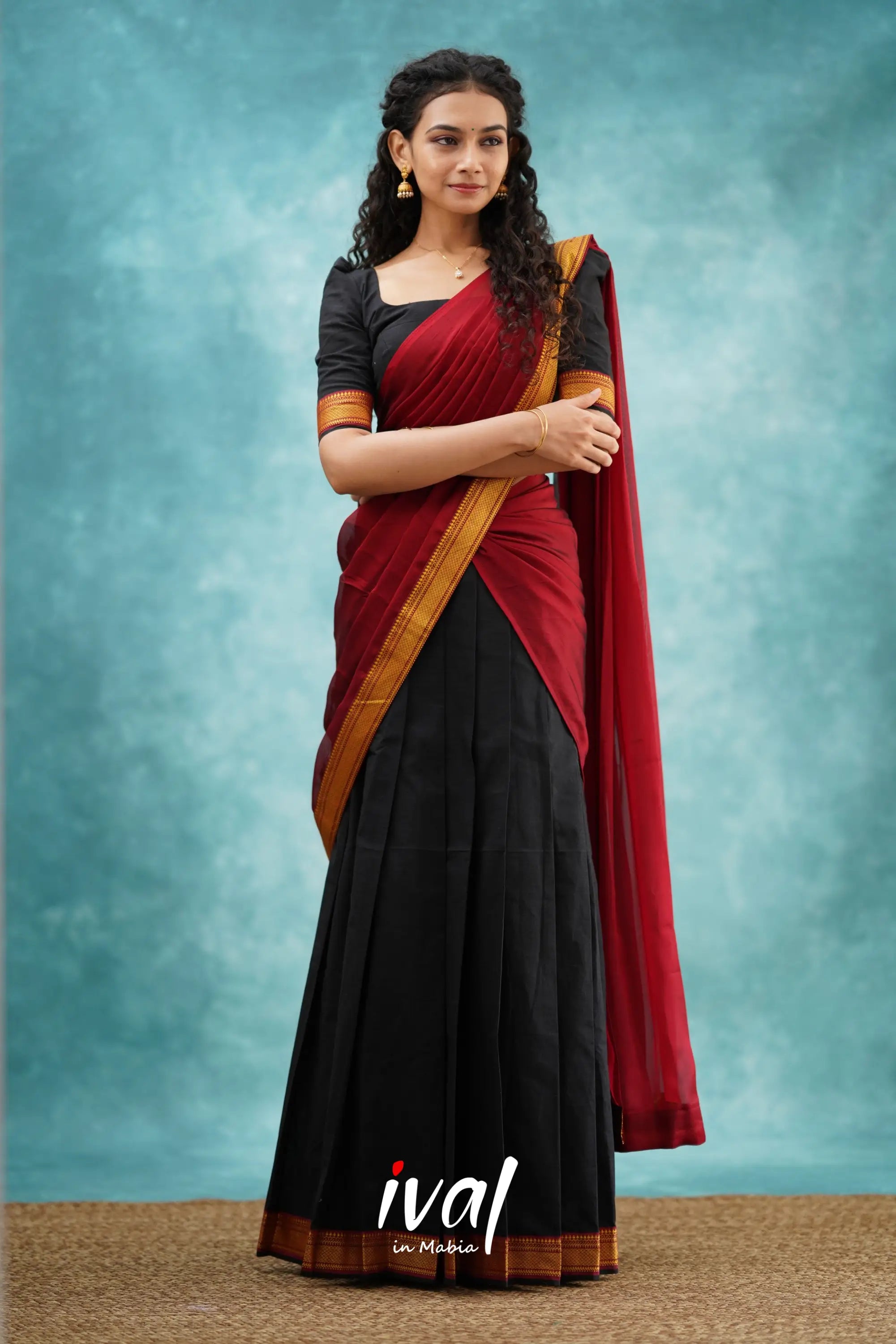 Savarna - Black And Maroon Cotton Halfsaree Half Sarees