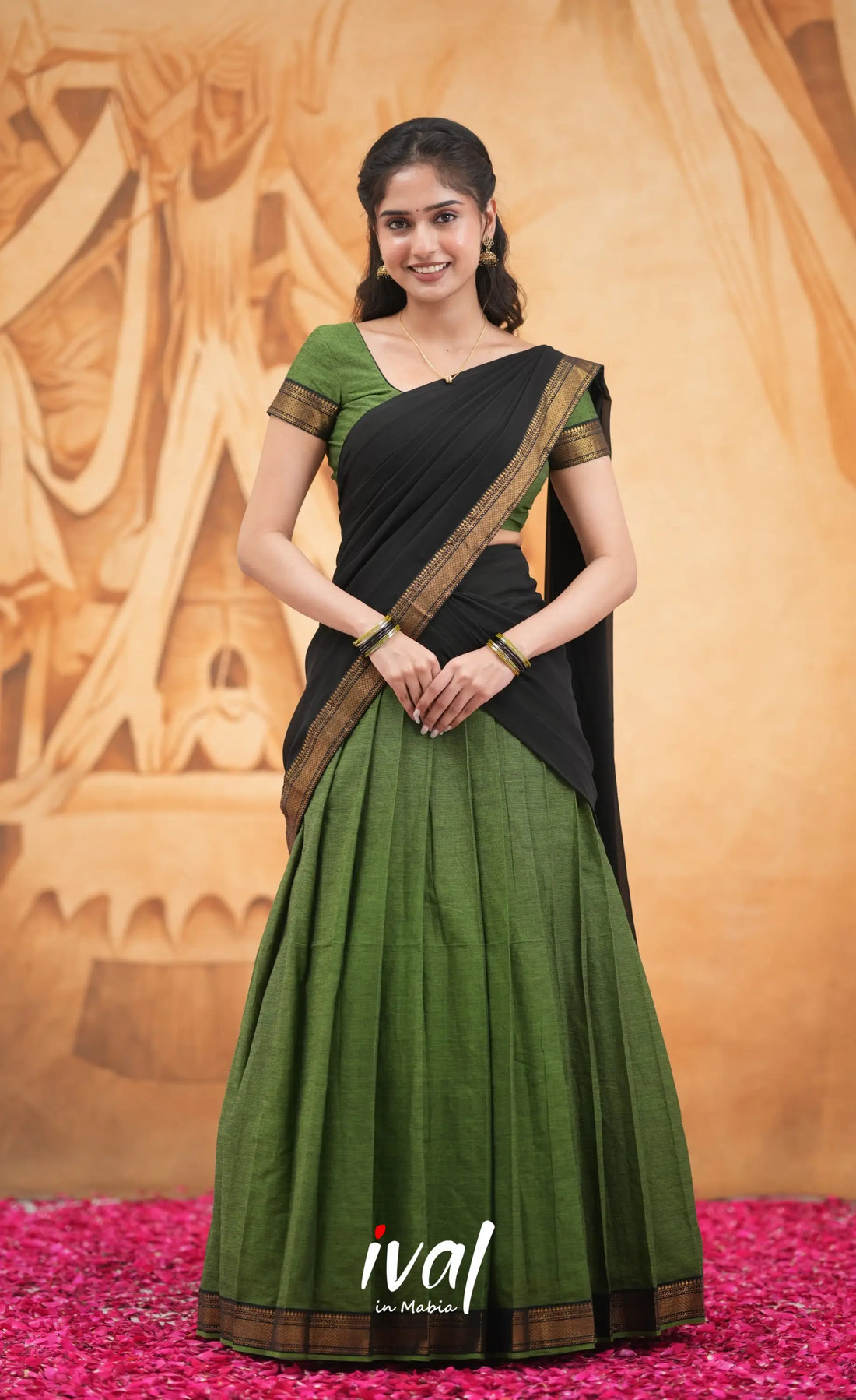 Savarna Cotton Half Saree - Dark Green and Black Half Sarees