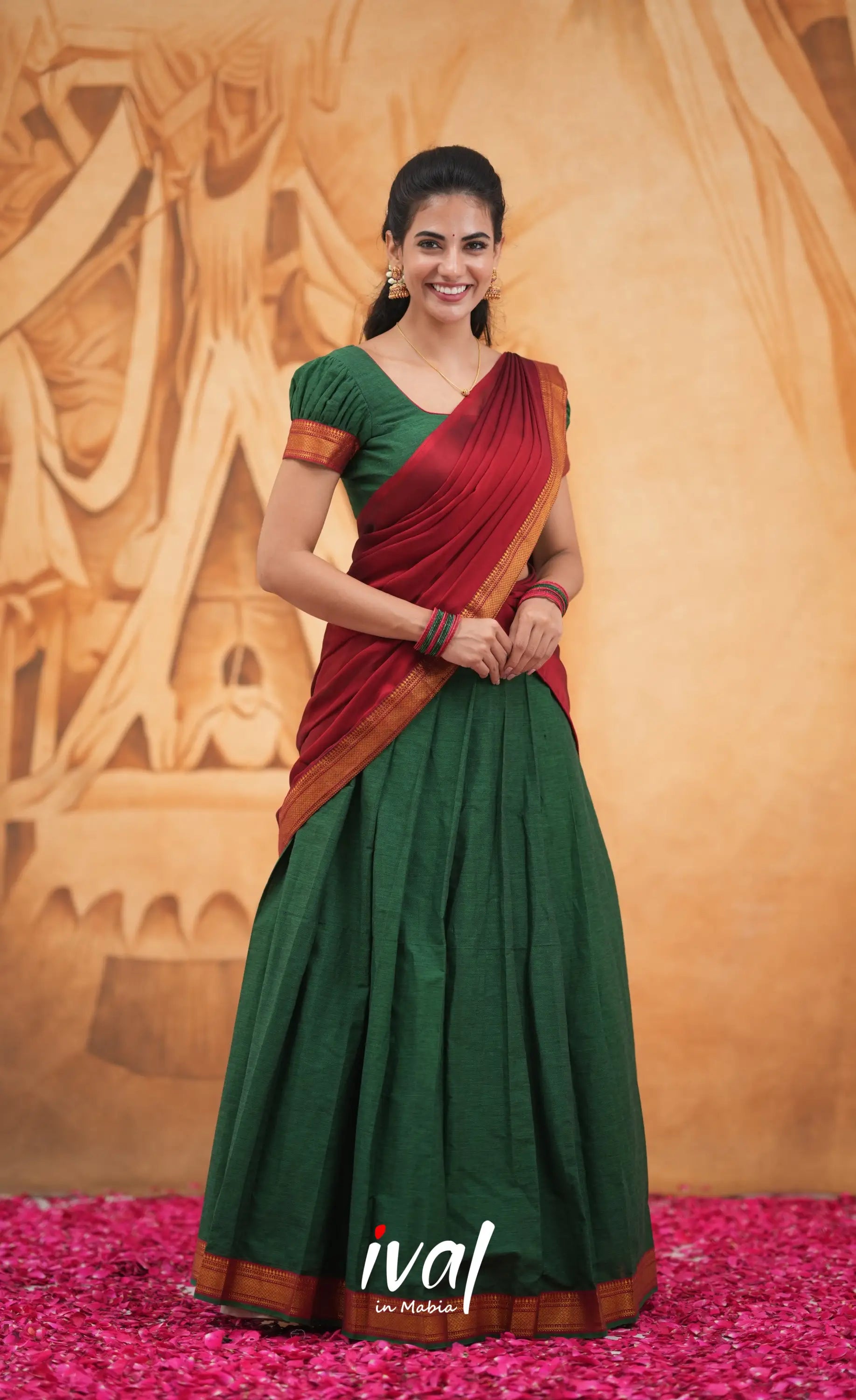 Savarna Cotton Half Saree - Dark Green and Maroon Half Sarees