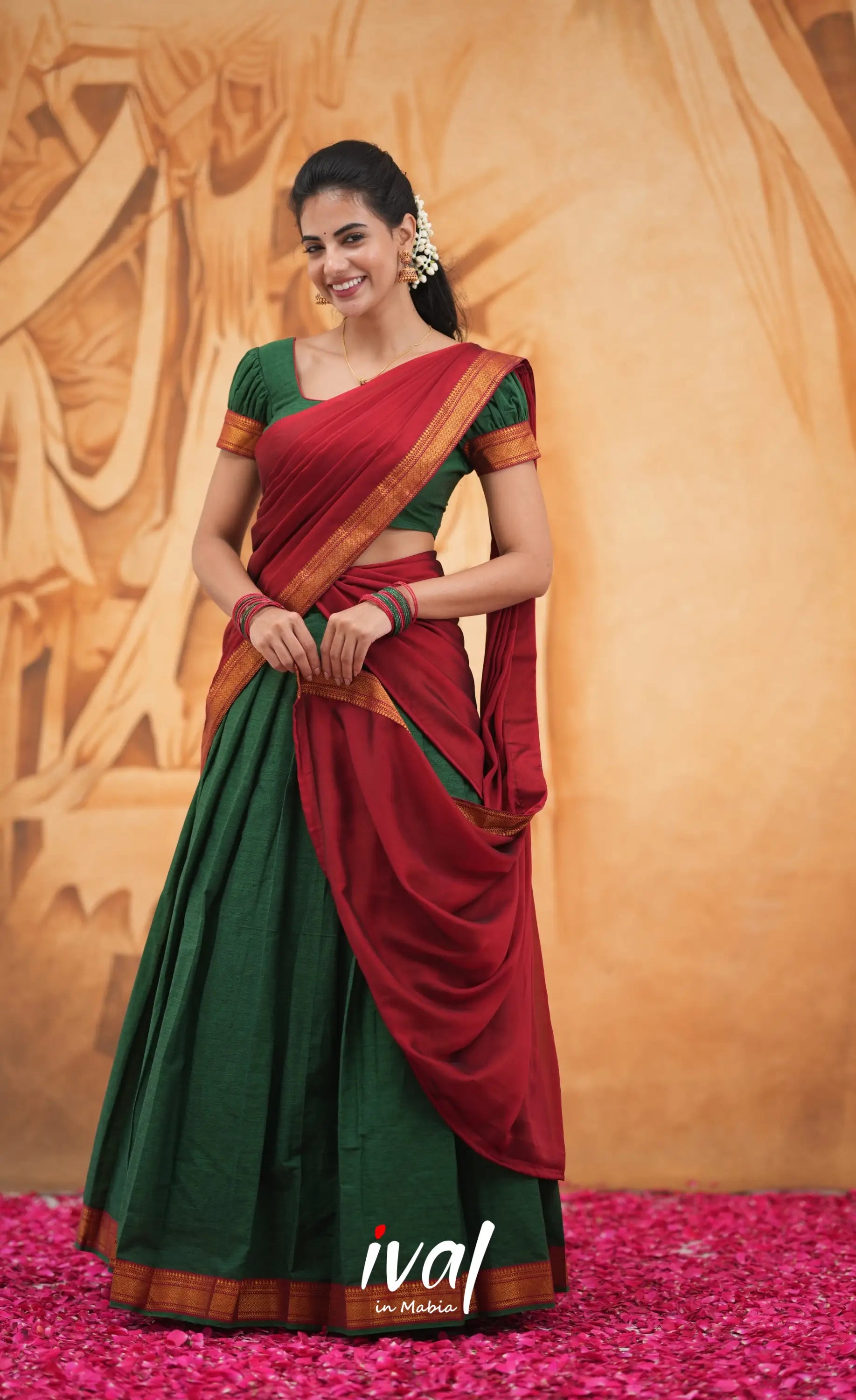 Savarna Cotton Half Saree - Dark Green and Maroon Half Sarees
