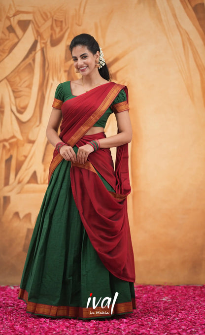 Savarna Cotton Half Saree - Dark Green and Maroon Half Sarees