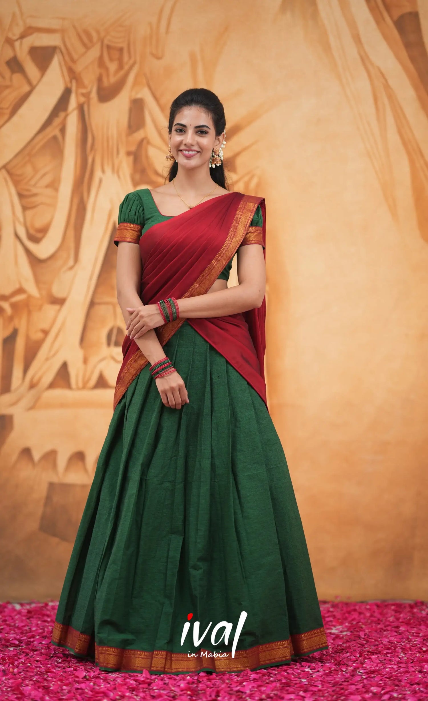 Savarna Cotton Half Saree - Dark Green and Maroon Half Sarees