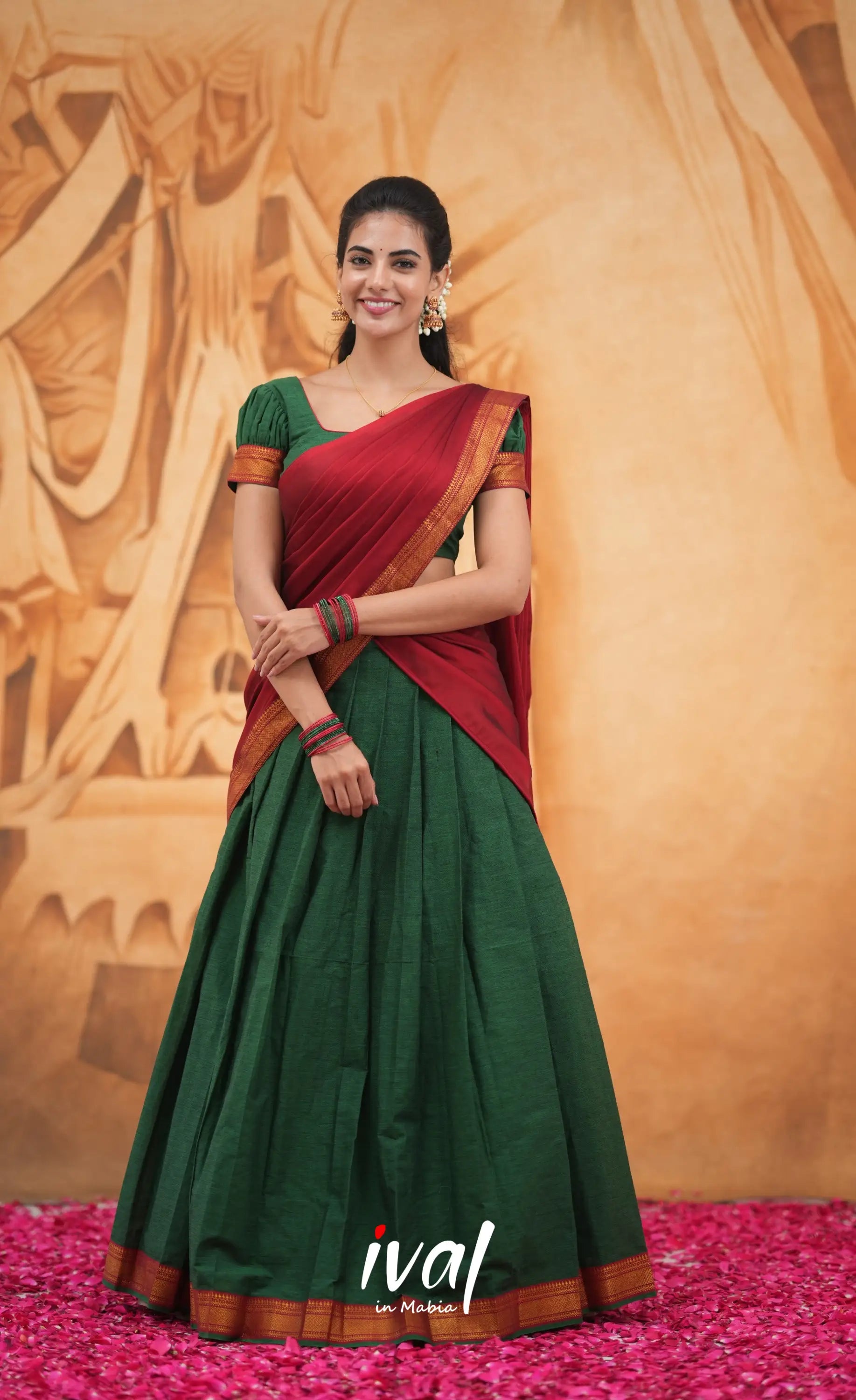 Savarna Cotton Half Saree - Dark Green and Maroon Half Sarees