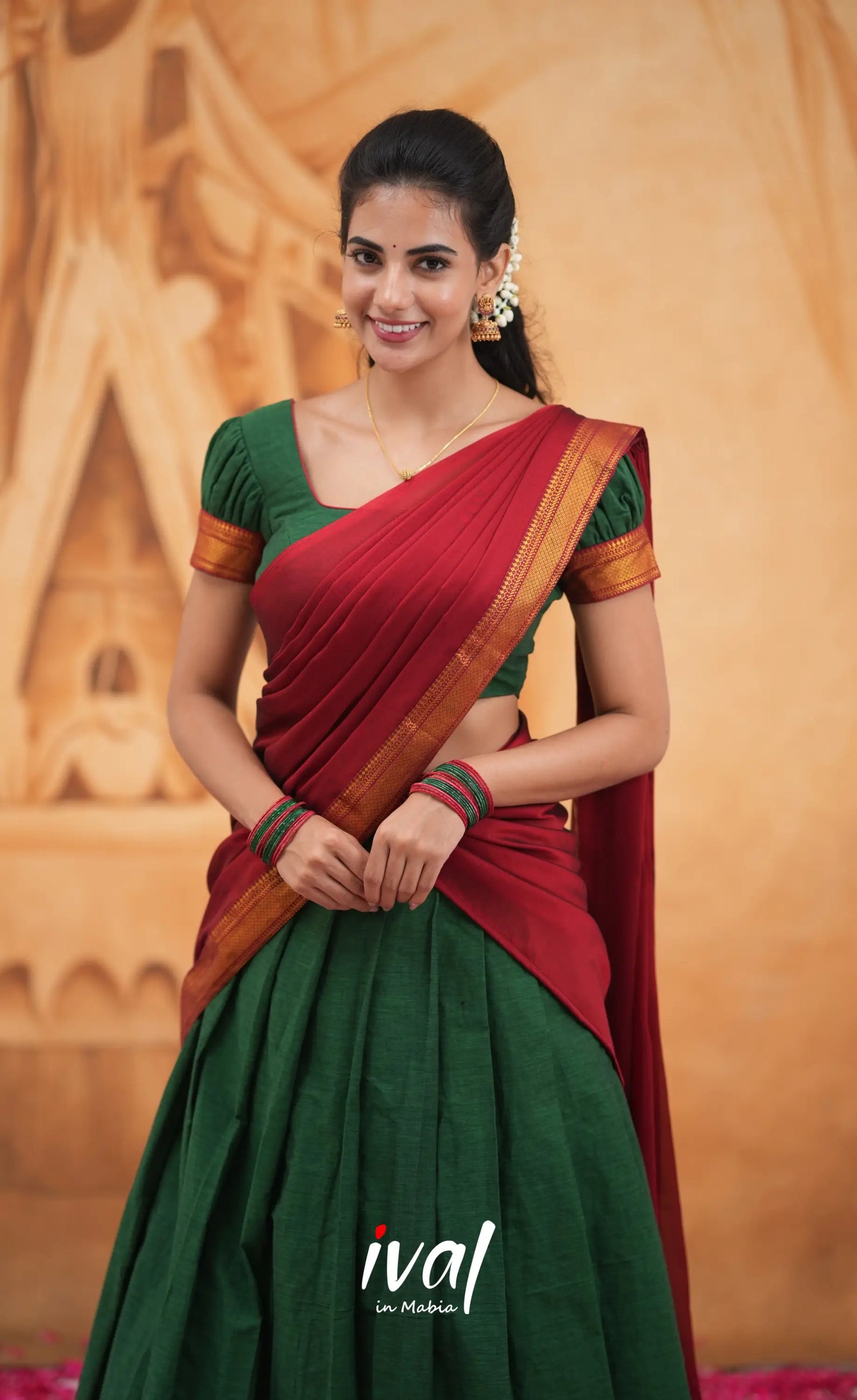 Savarna Cotton Half Saree - Dark Green and Maroon Half Sarees