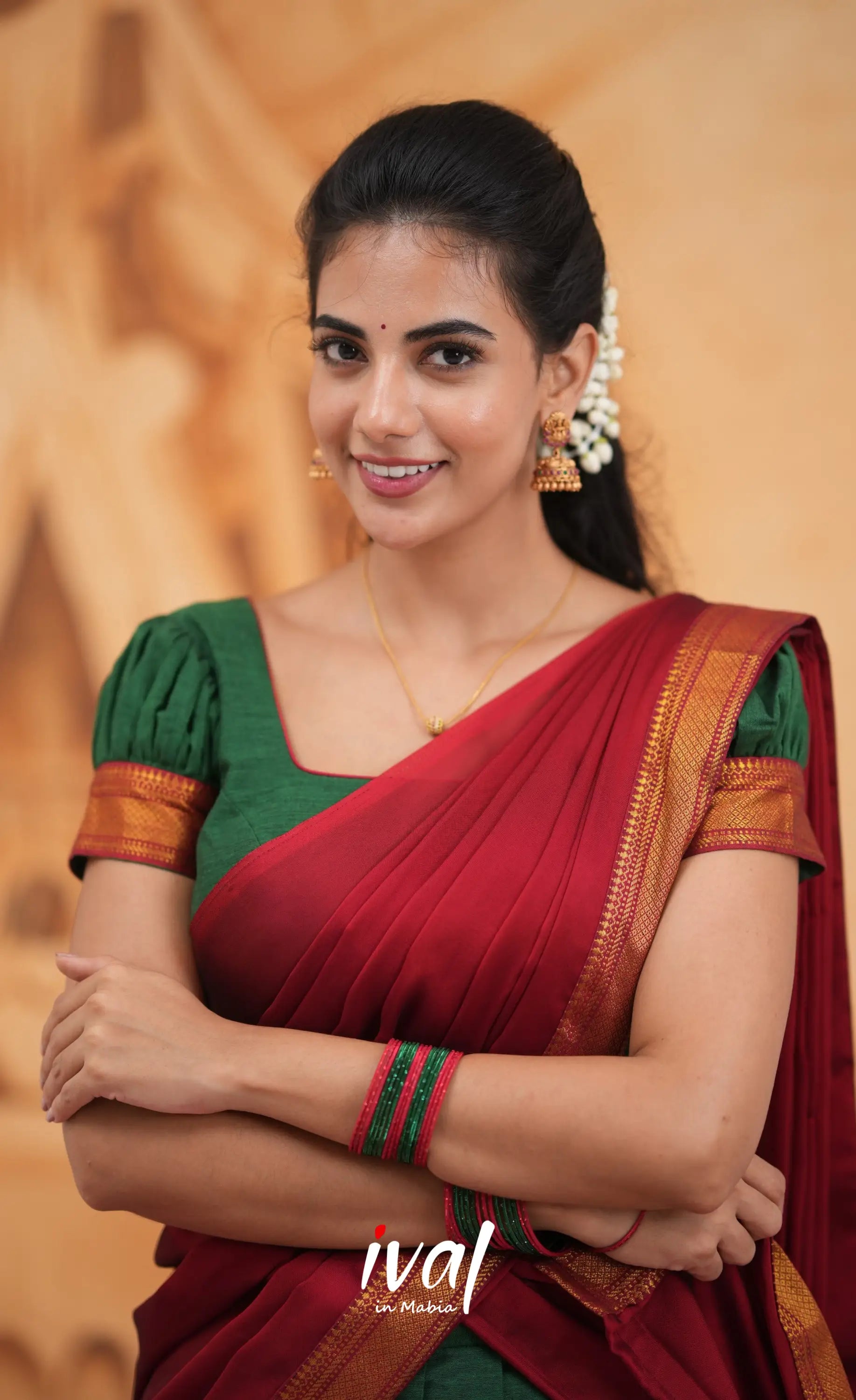 Savarna Cotton Half Saree - Dark Green and Maroon Half Sarees