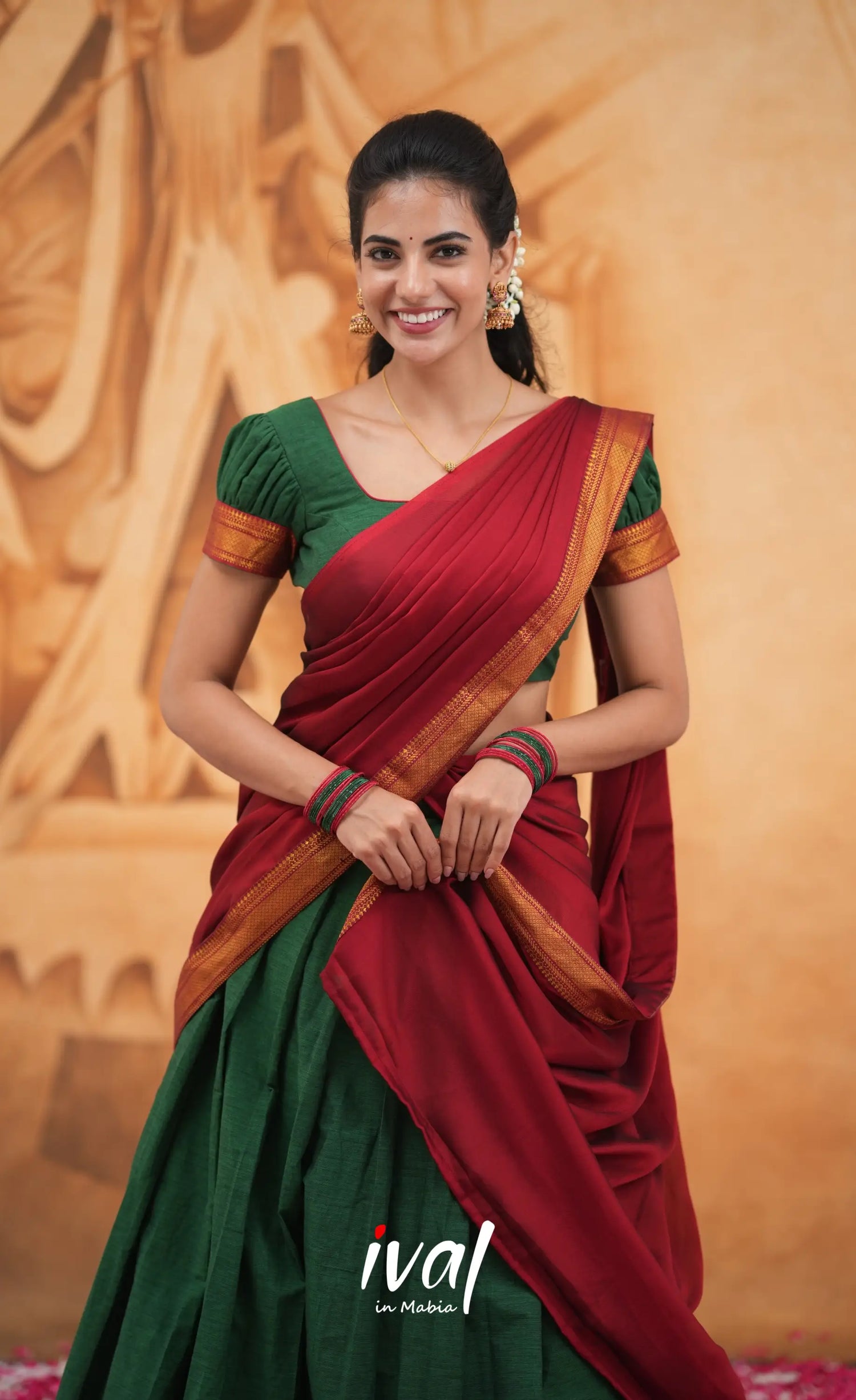 Savarna Cotton Half Saree - Dark Green and Maroon Half Sarees