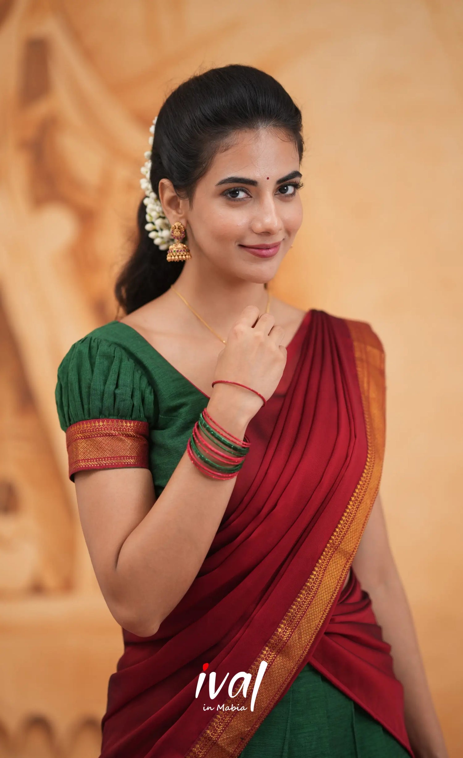 Savarna Cotton Half Saree - Dark Green and Maroon Half Sarees