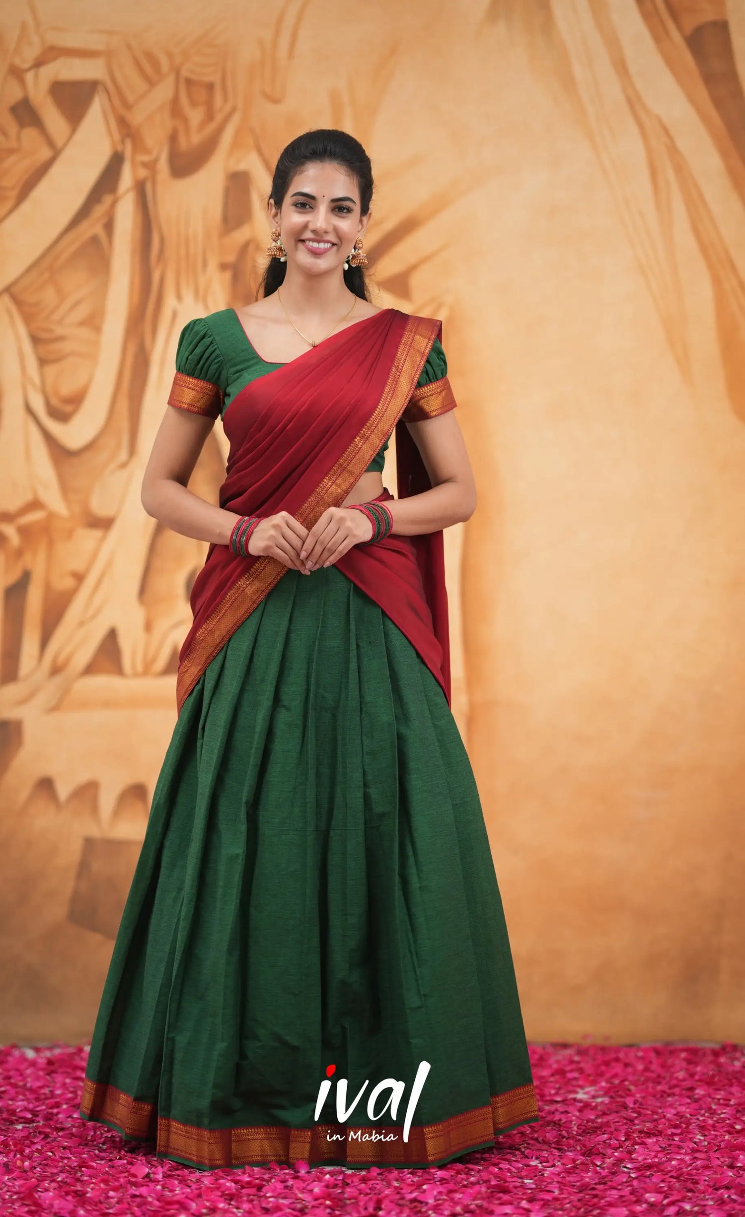 Savarna Cotton Half Saree - Dark Green and Maroon Half Sarees