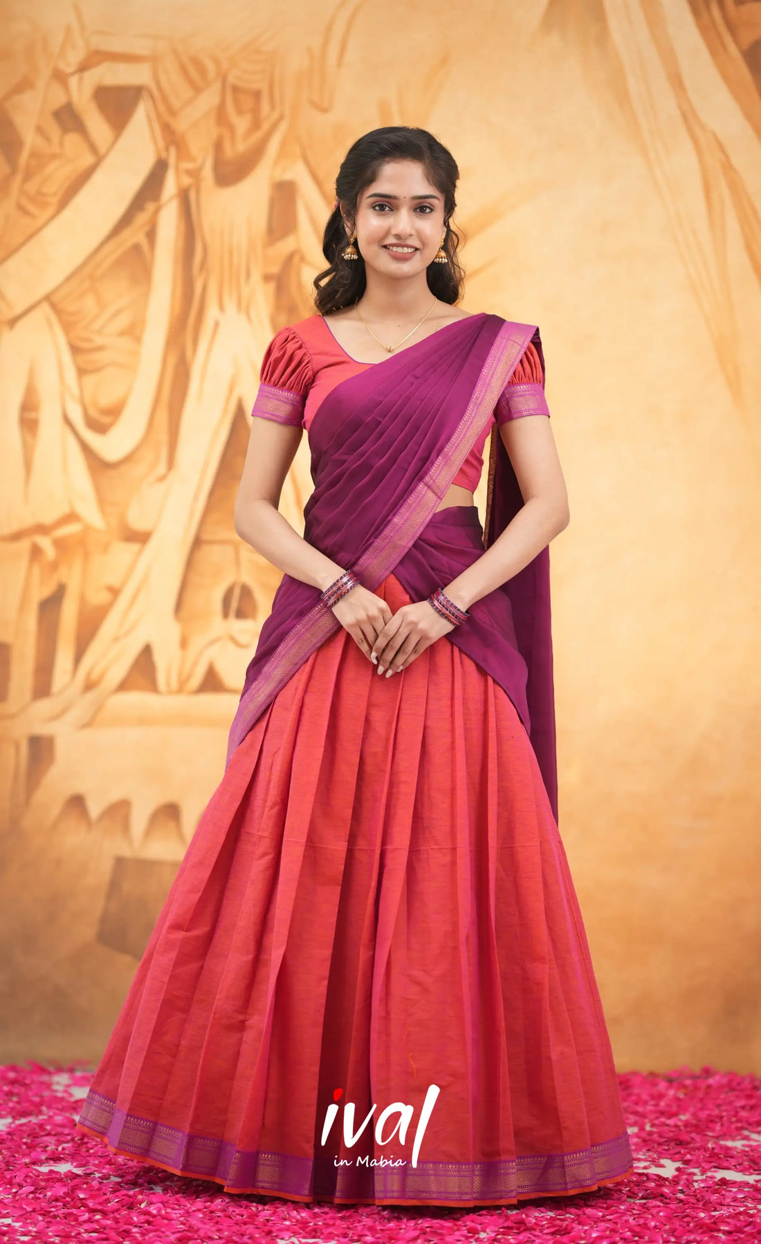 Savarna Cotton Half Saree - Dark Orange and Magenta Pink Half Sarees