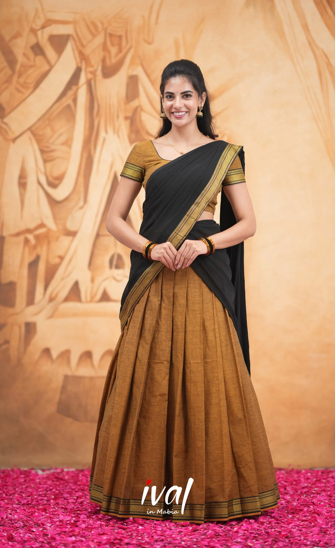 Savarna Cotton Half Saree - Light Brown and Black Half Sarees