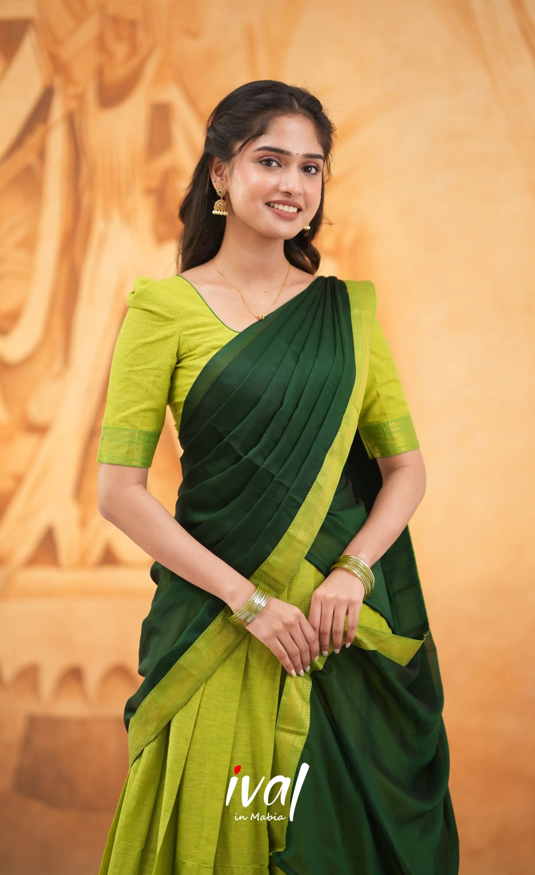 Savarna Cotton Half Saree - Light Green and Dark Green Half Sarees