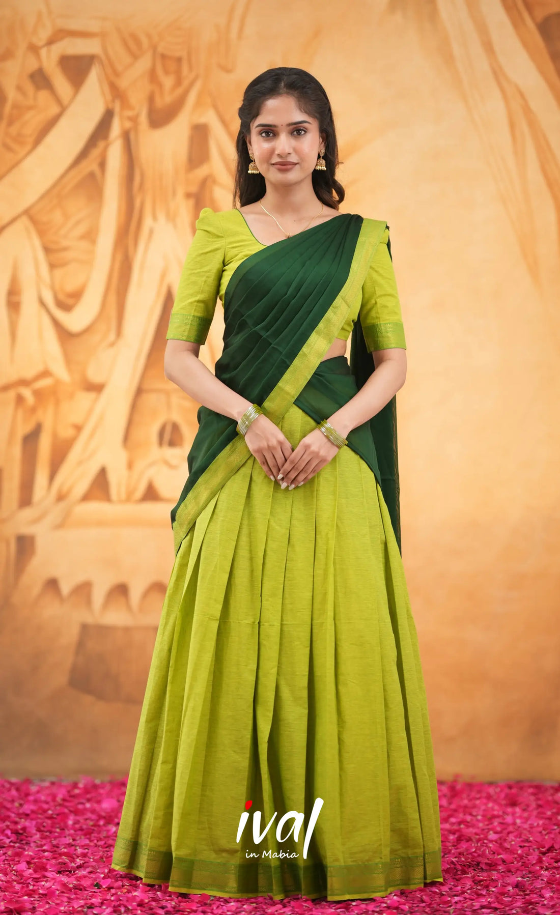 Savarna Cotton Half Saree - Light Green and Dark Green Half Sarees