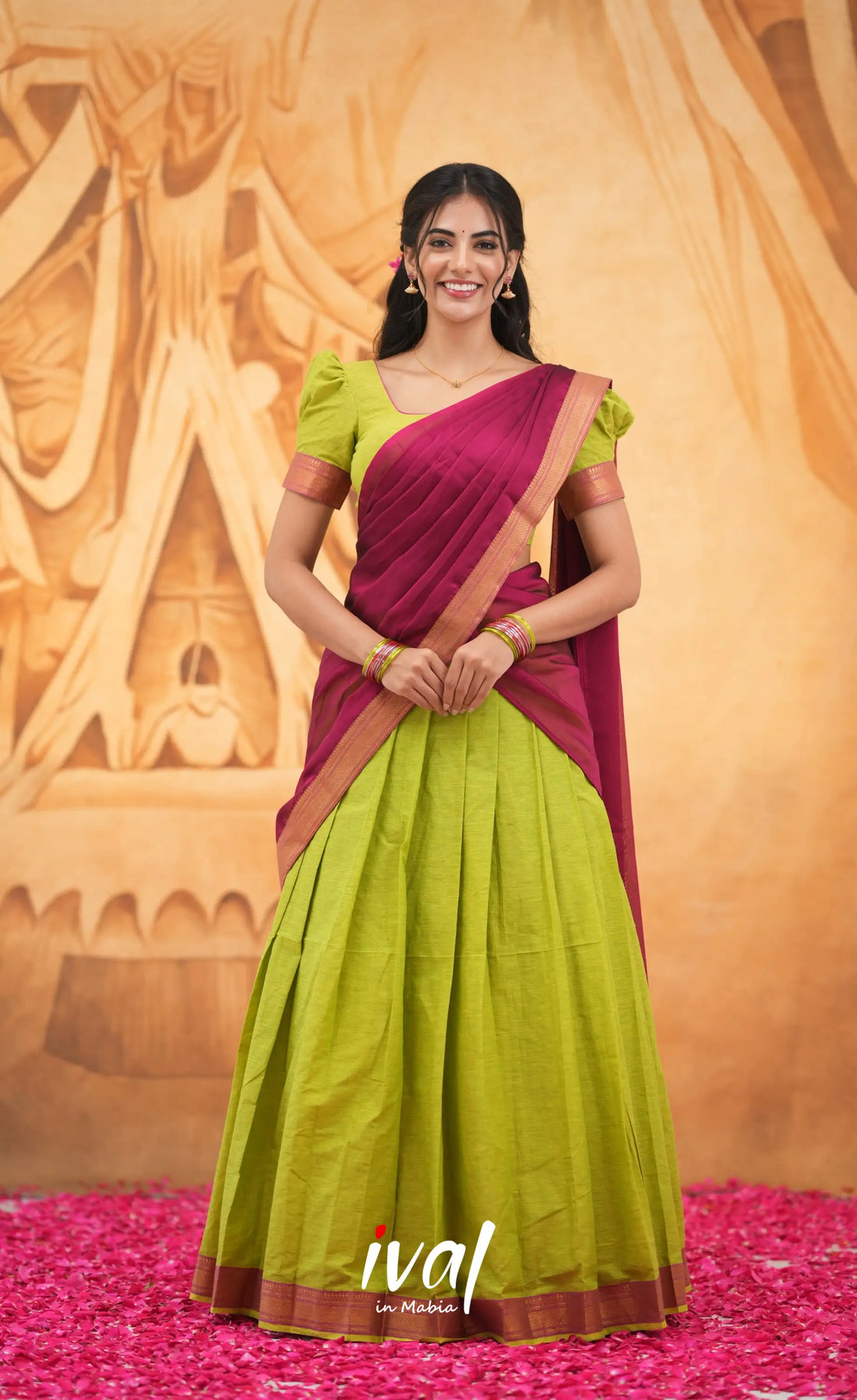 Savarna Cotton Half Saree - Light Green and Pink Half Sarees