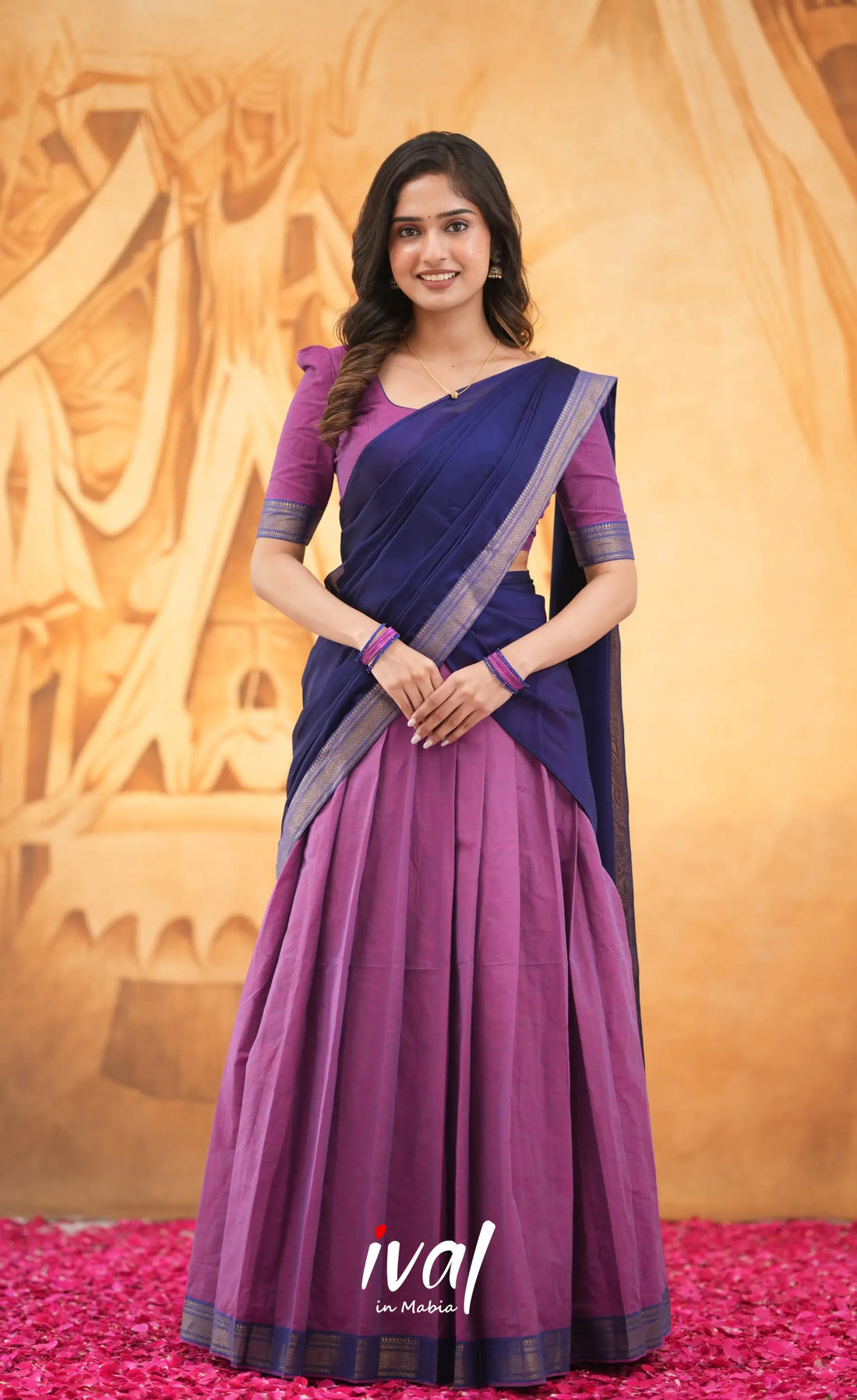 Savarna Cotton Half Saree - Magenta and Royal Blue Half Sarees