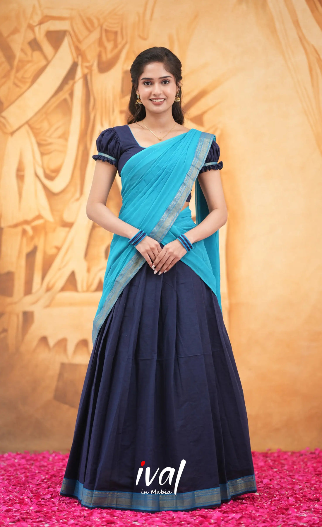 Savarna Cotton Half Saree - Navy Blue and Light Blue Half Sarees