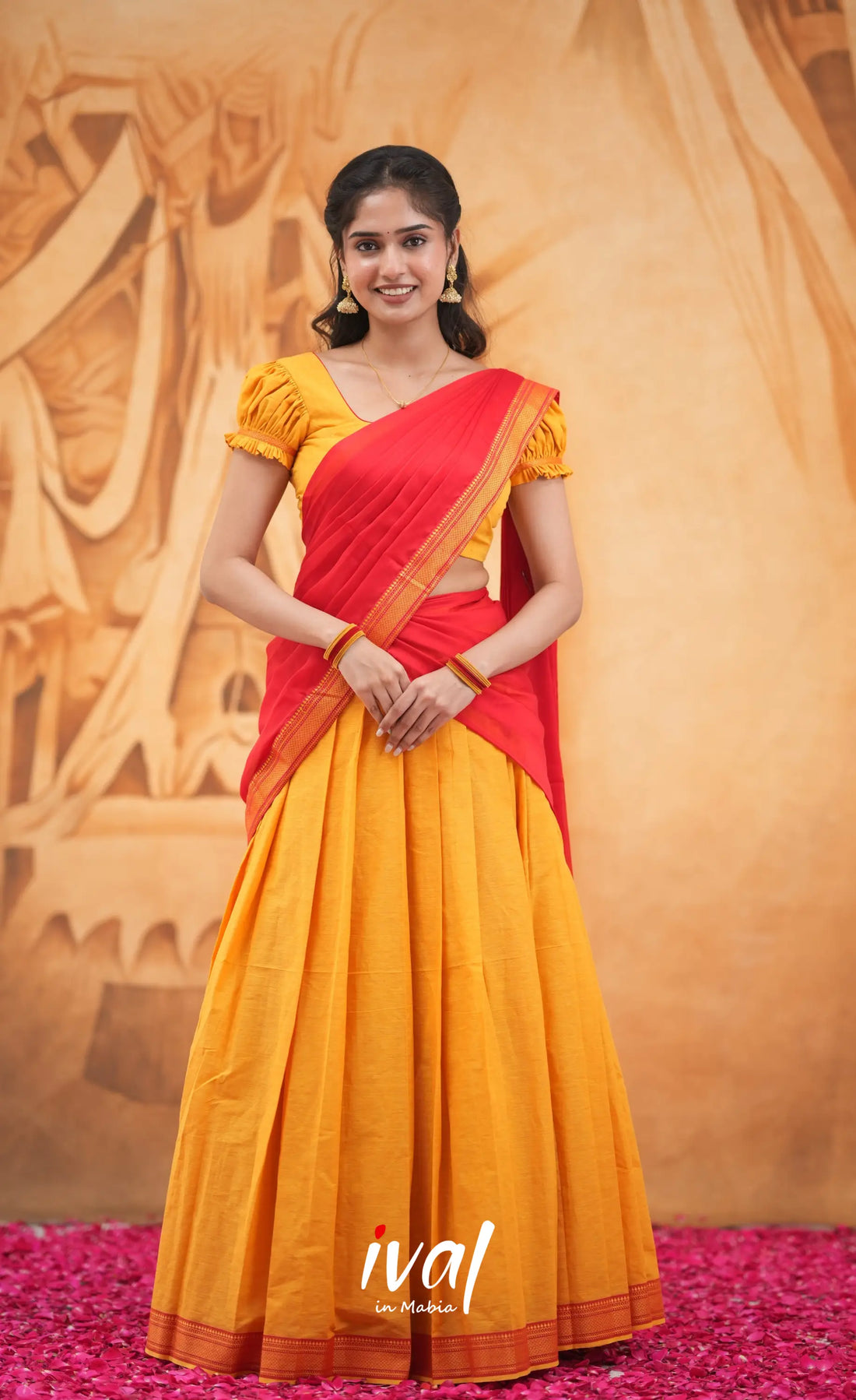 Savarna Cotton Half Saree - Orange and Red Half Sarees