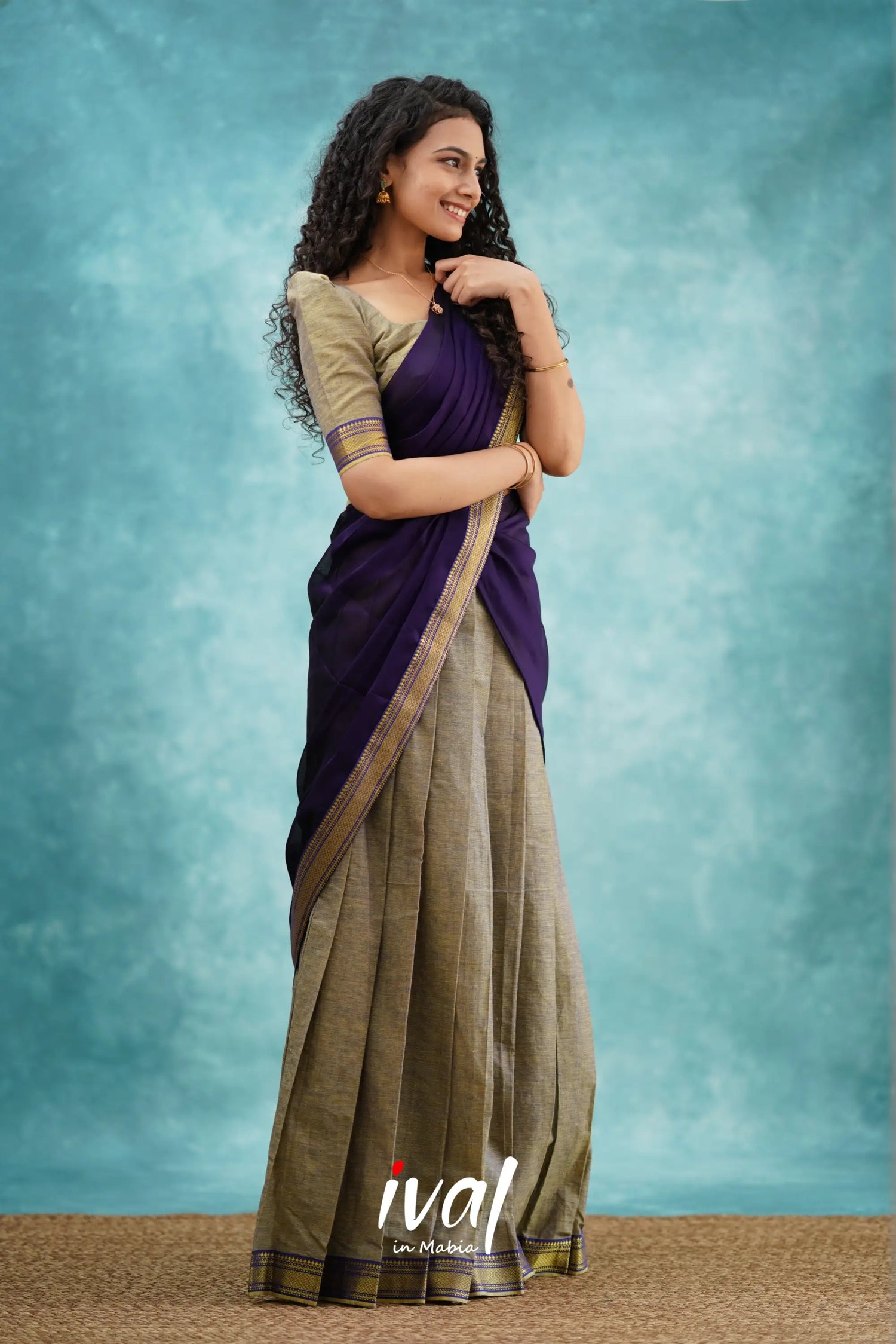 Savarna - Greyish Brown And Dark Purple Cotton Halfsaree Half Sarees