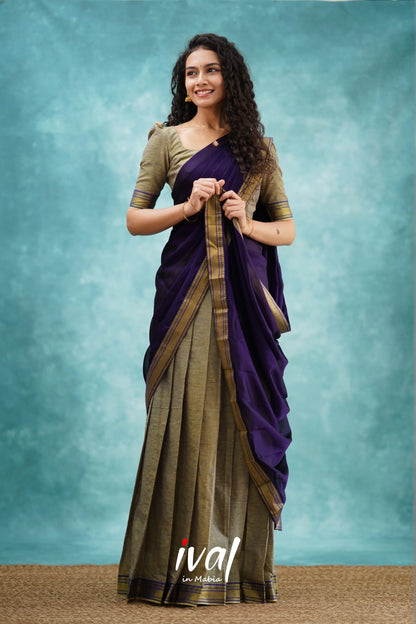 Savarna - Greyish Brown And Dark Purple Cotton Halfsaree Half Sarees