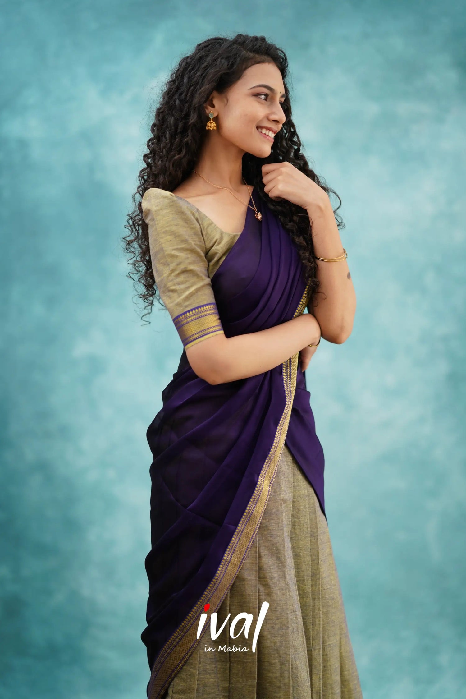 Savarna - Greyish Brown And Dark Purple Cotton Halfsaree Half Sarees