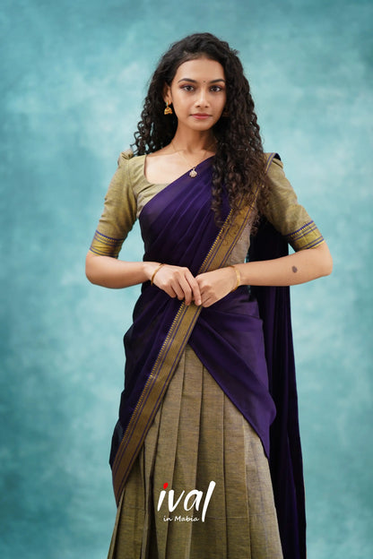 Savarna - Greyish Brown And Dark Purple Cotton Halfsaree Half Sarees