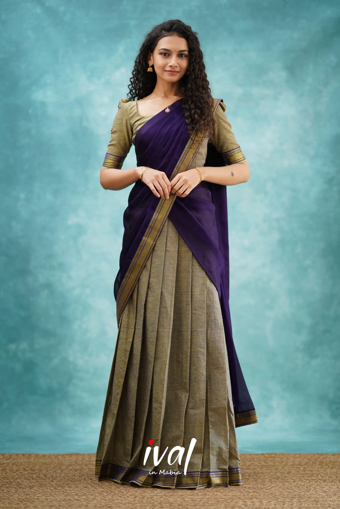 Savarna - Greyish Brown And Dark Purple Cotton Halfsaree Half Sarees