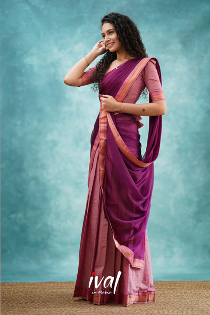 Savarna - Light Pink And Dark Magenta Cotton Halfsaree Half Sarees