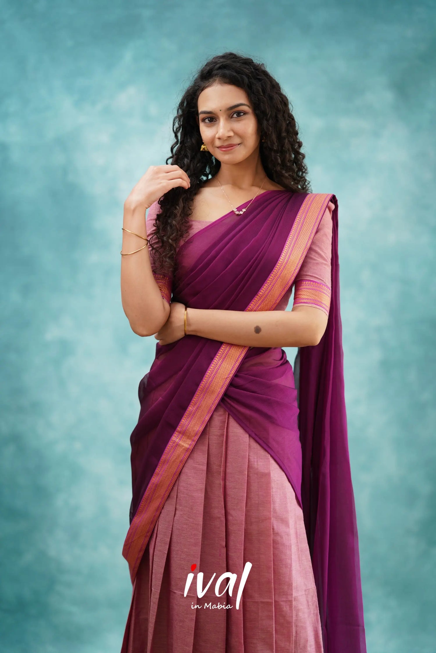 Savarna - Light Pink And Dark Magenta Cotton Halfsaree Half Sarees