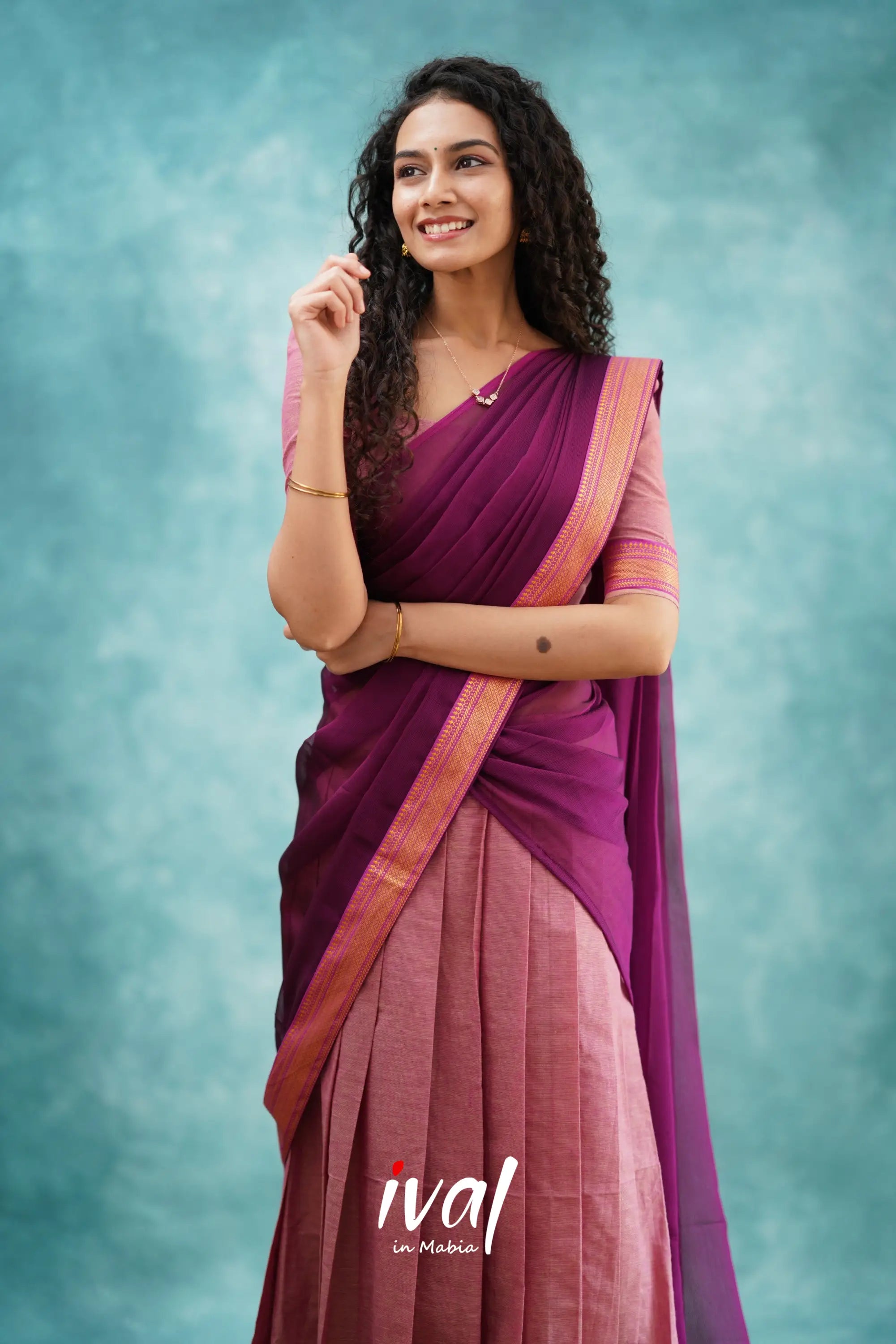 Savarna - Light Pink And Dark Magenta Cotton Halfsaree Half Sarees