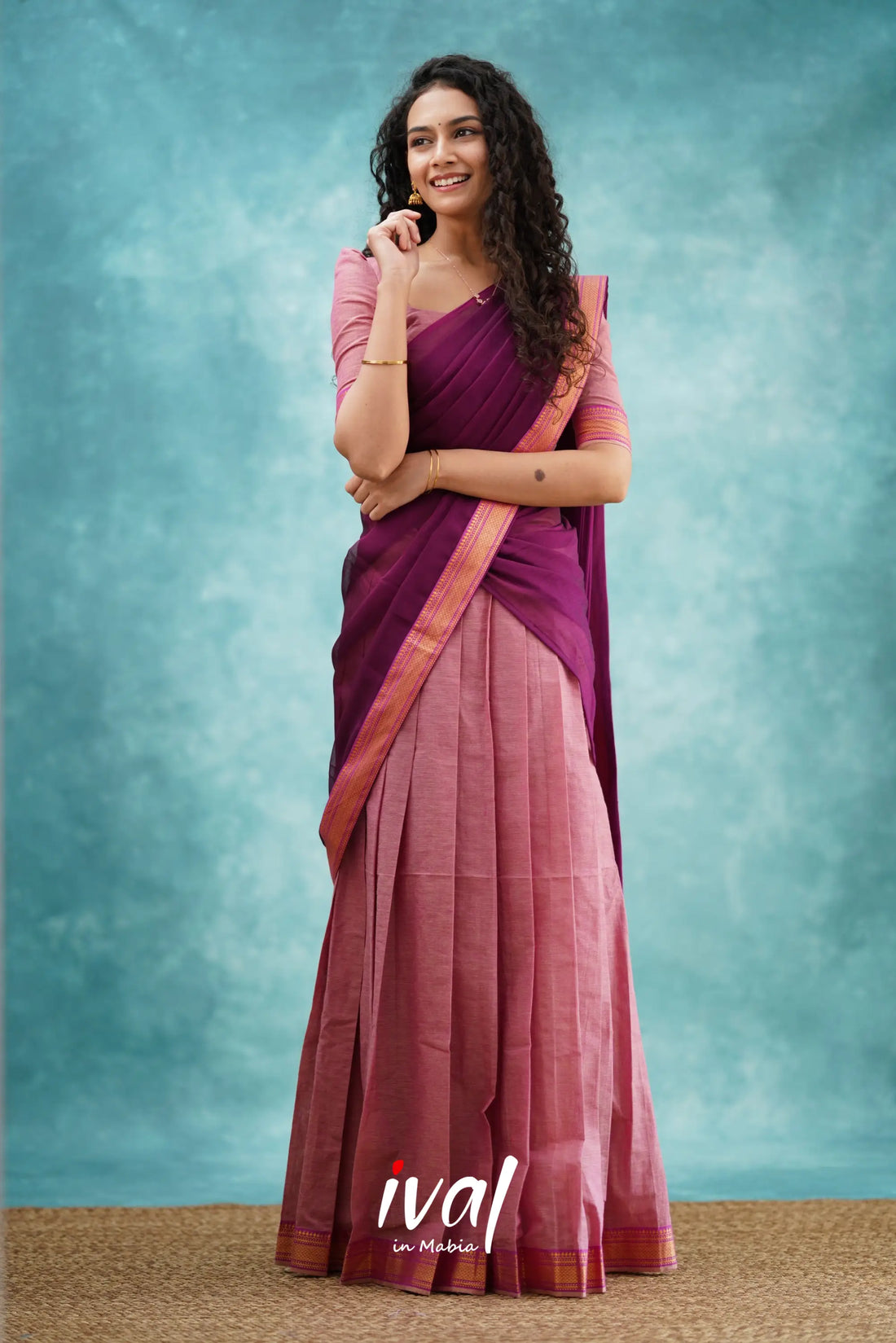 Savarna - Light Pink And Dark Magenta Cotton Halfsaree Half Sarees