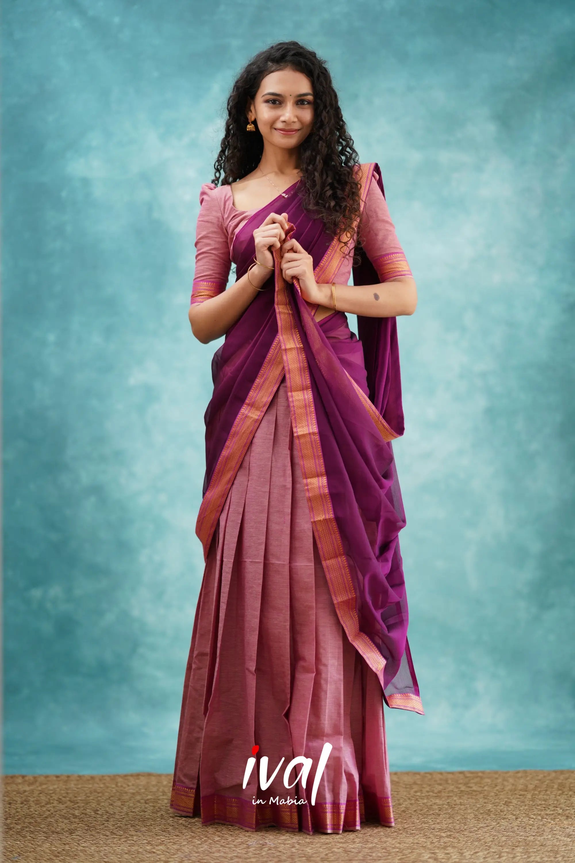 Savarna - Light Pink And Dark Magenta Cotton Halfsaree Half Sarees