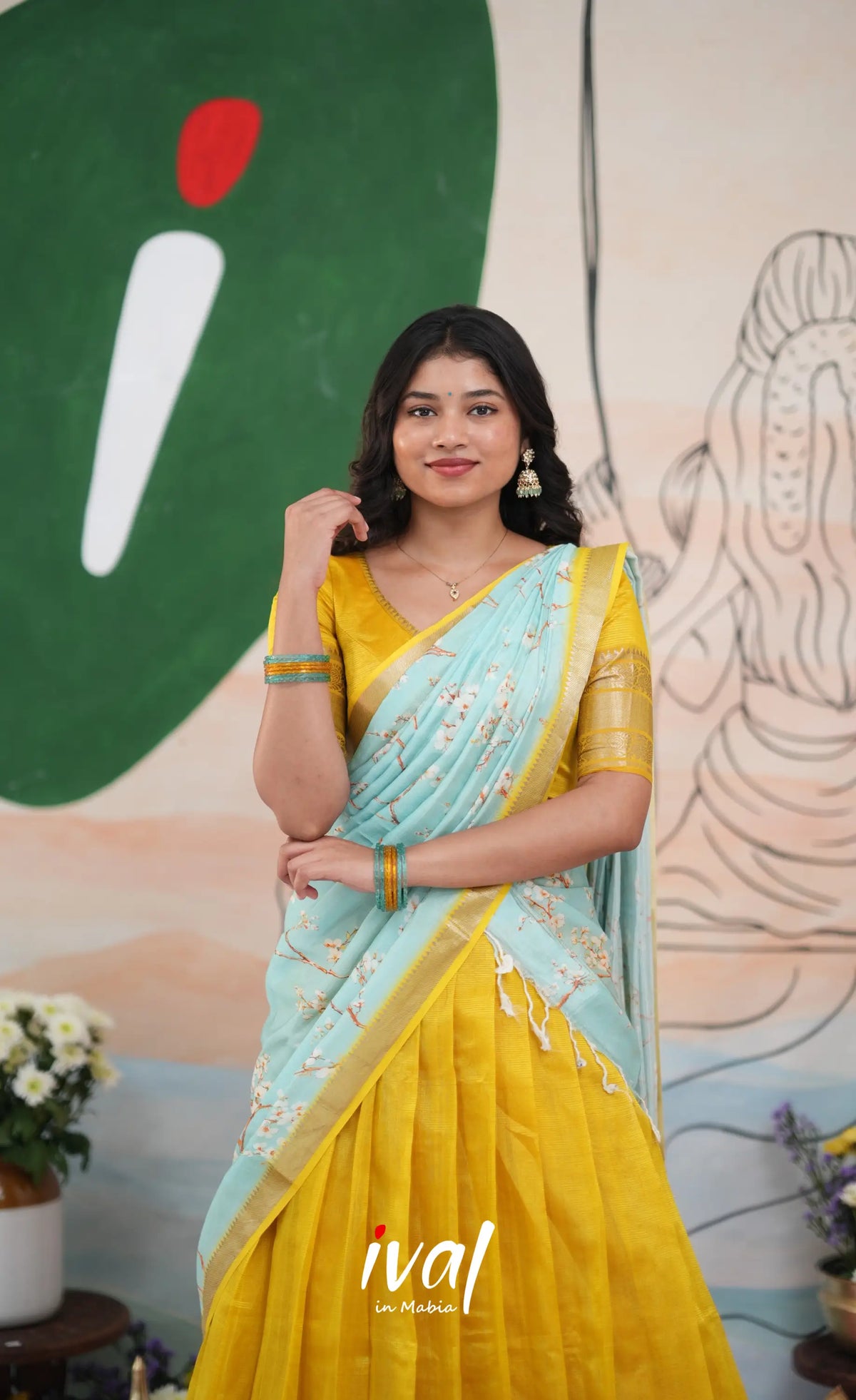 Savarna Mangalagiri Halfsaree - Yellow and Light Blue - Half Sarees