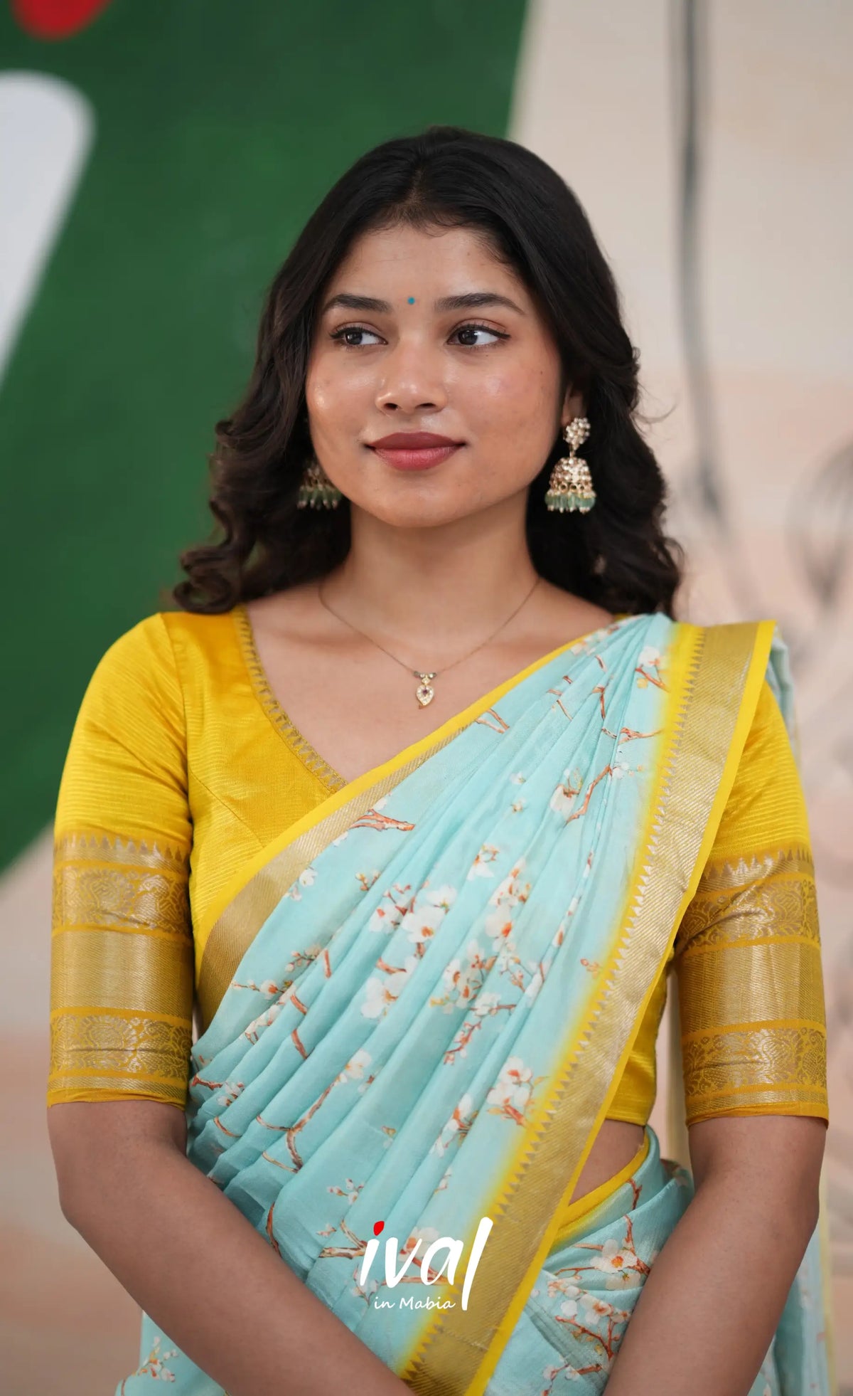 Savarna Mangalagiri Halfsaree - Yellow and Light Blue - Half Sarees