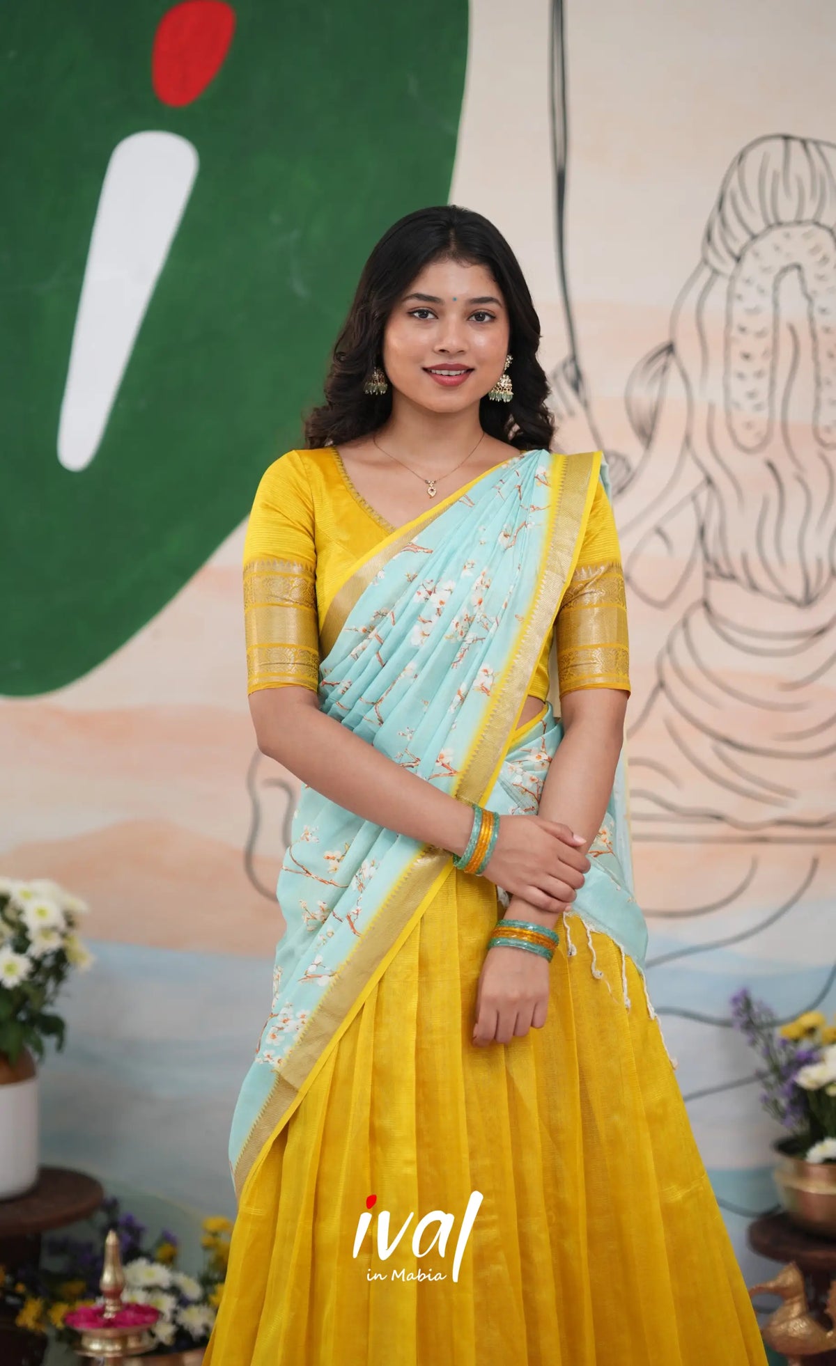 Savarna Mangalagiri Halfsaree - Yellow and Light Blue - Half Sarees