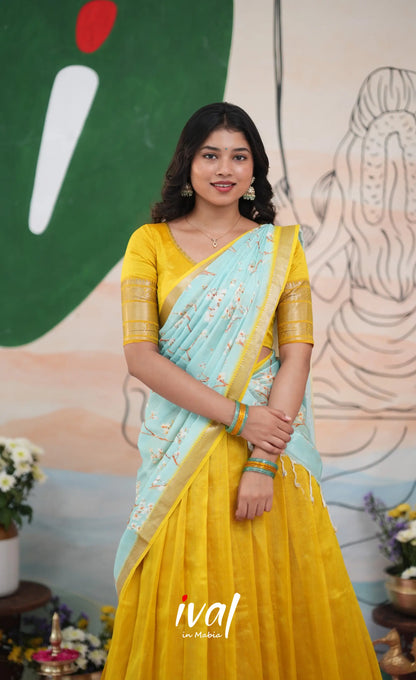Savarna Mangalagiri Halfsaree - Yellow and Light Blue - Half Sarees