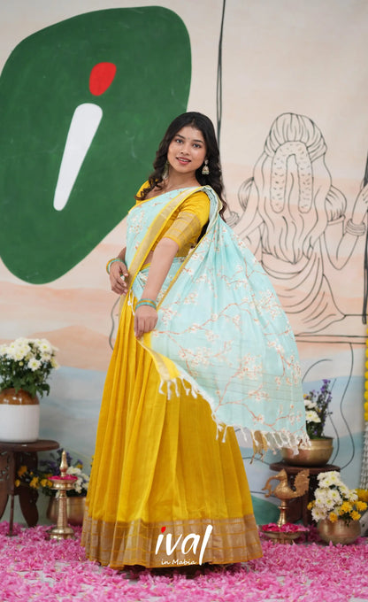 Savarna Mangalagiri Halfsaree - Yellow and Light Blue - Half Sarees