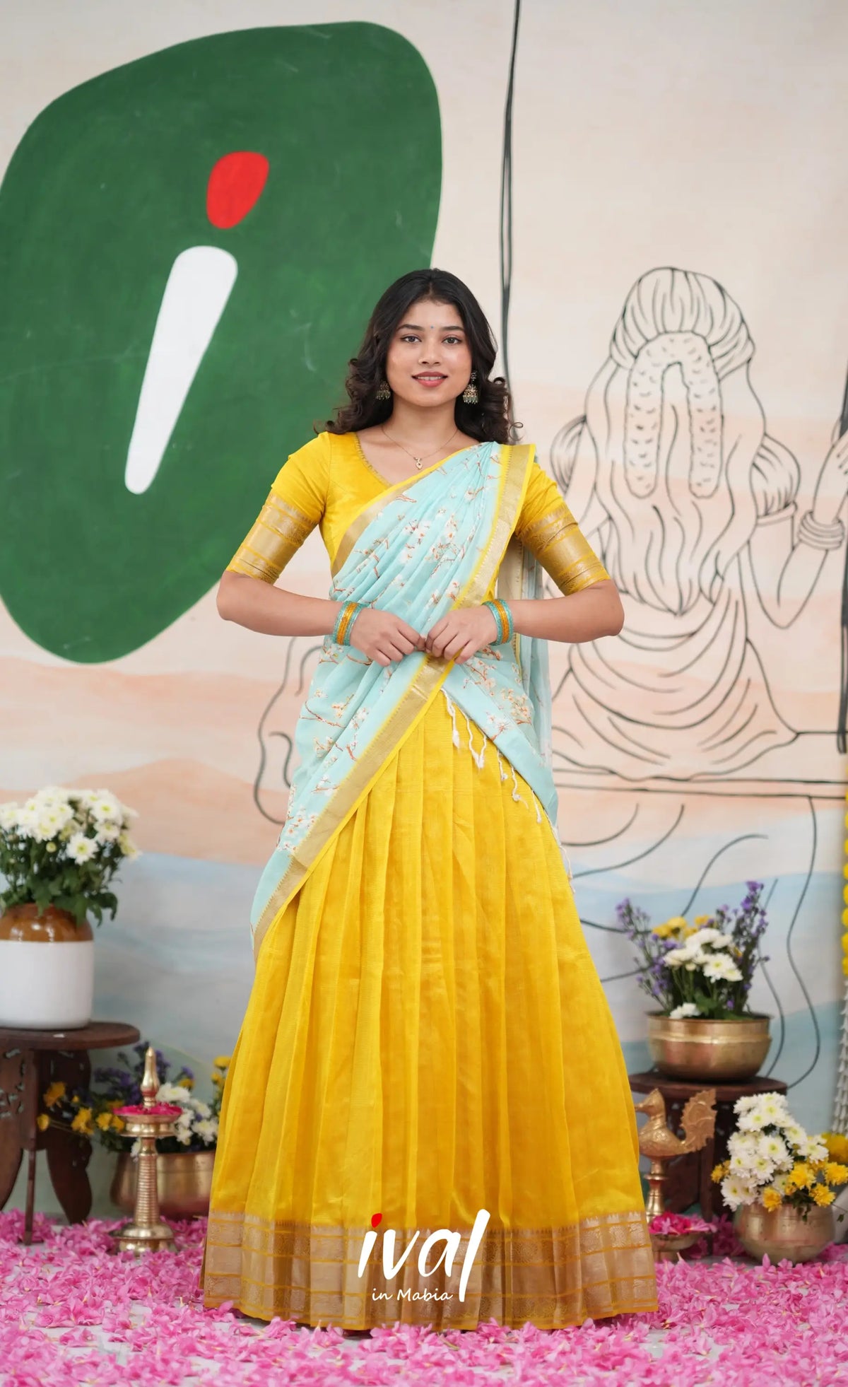 Savarna Mangalagiri Halfsaree - Yellow and Light Blue - Half Sarees